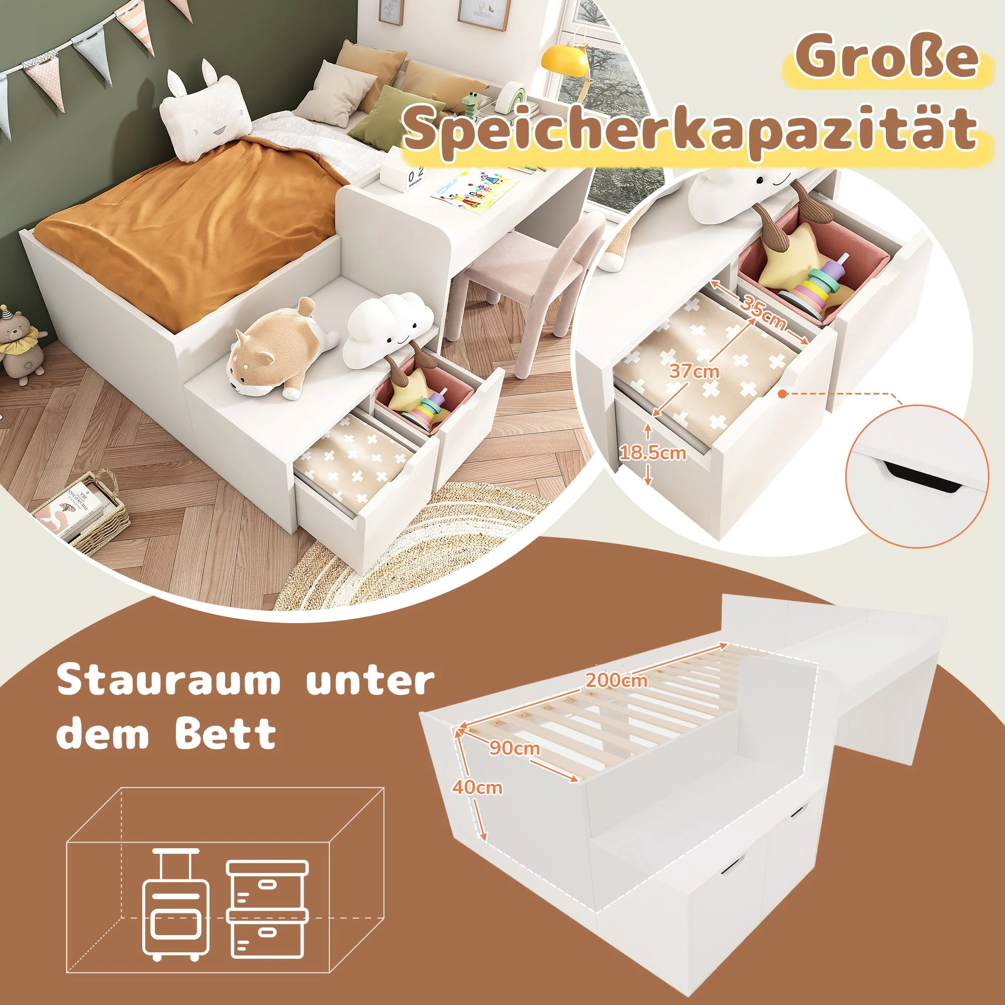 Children's Bed, Solid Wood Single with Desk & Drawers, White - Image 4