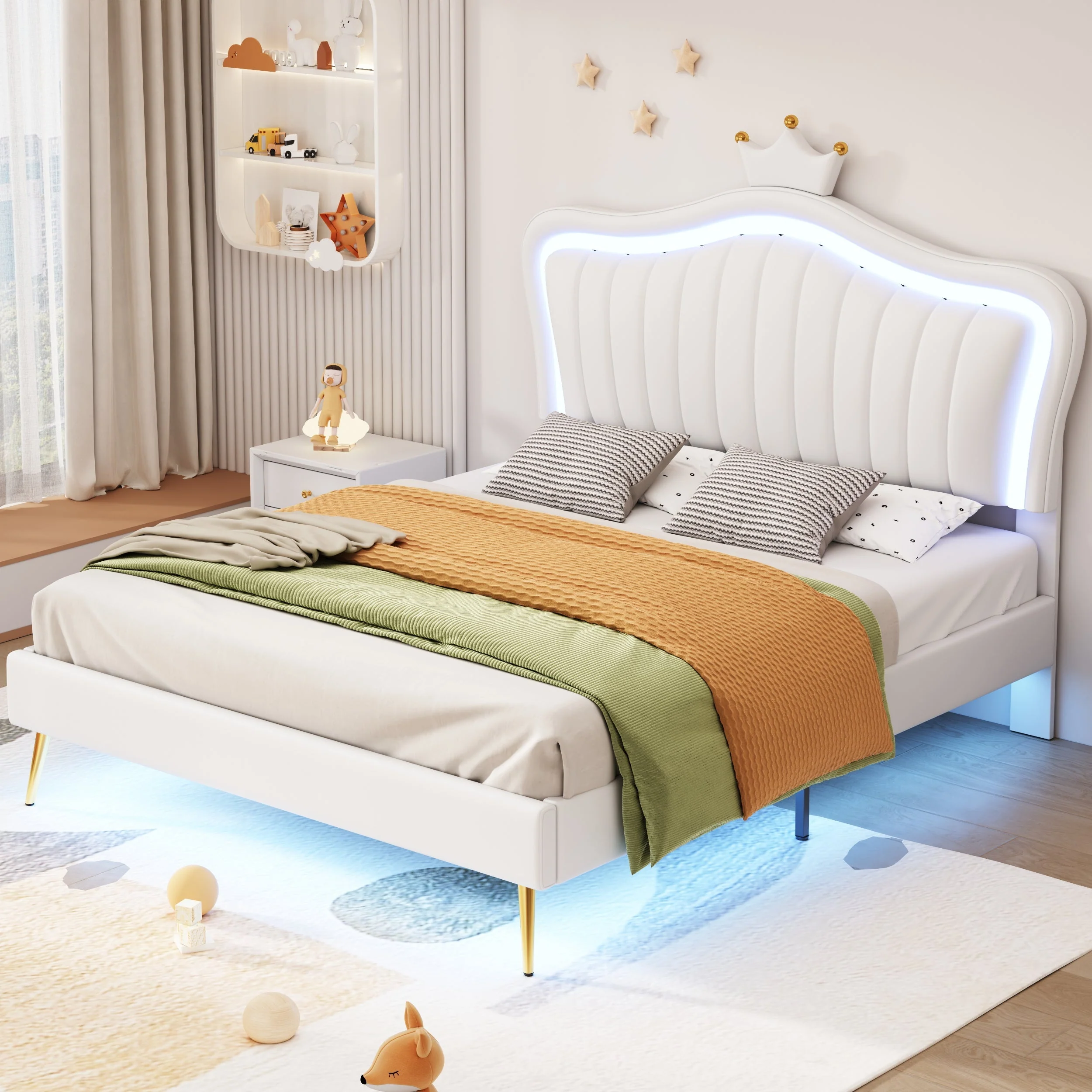 Children's Bed Upholstered, 140x200cm Crown Double with LED Lights, White PU Leather - Image 4