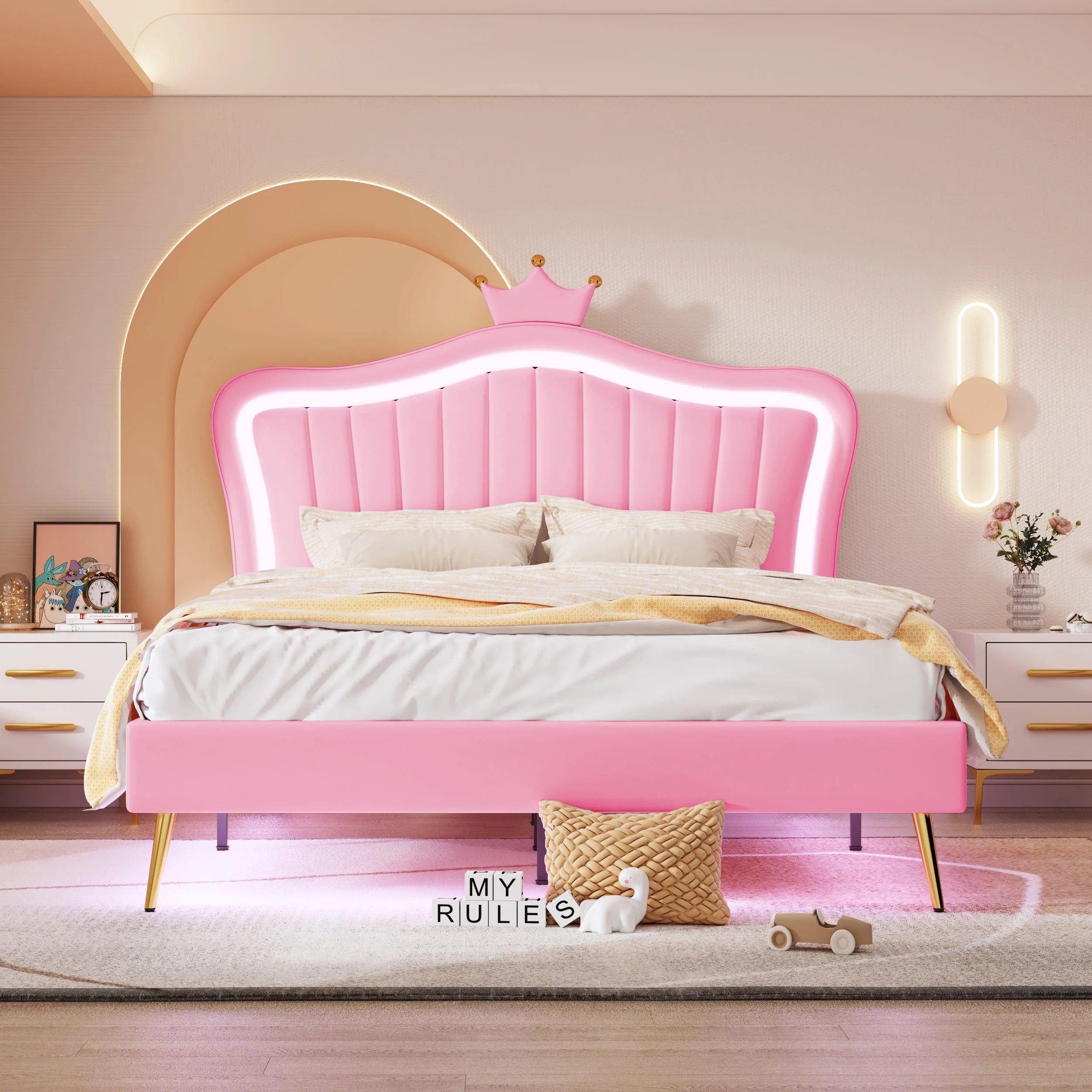 Children's Bed Upholstered 140x200cm LED Lights Slatted Frame, Pink PU Leather - Image 6