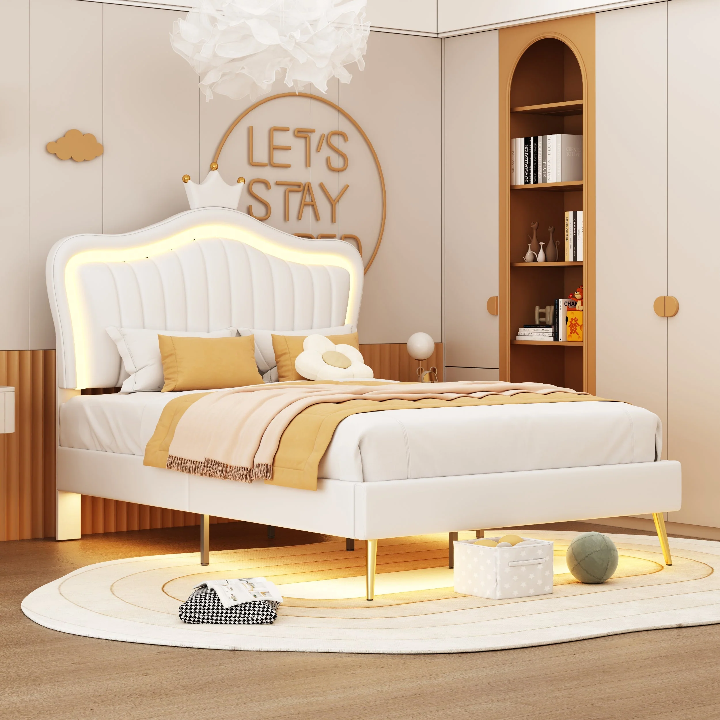 Children's Bed Upholstered, 90x200cm Crown Double Bed Frame with LED Lights, White PU Leather - Image 2