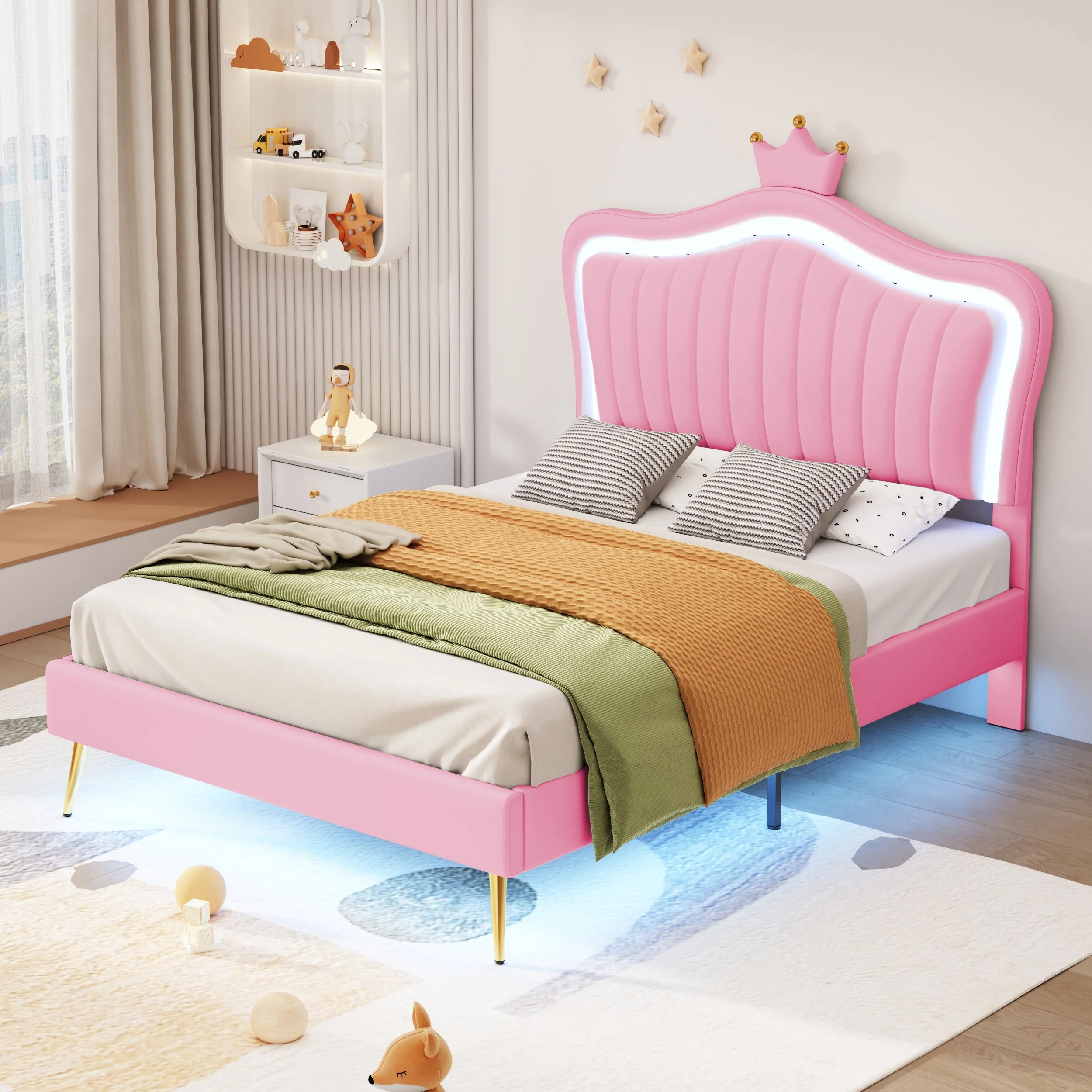 Children's Bed Upholstered Crown Bed Frame with LED Lights & Slatted Frame, Pink PU Leather - Image 2
