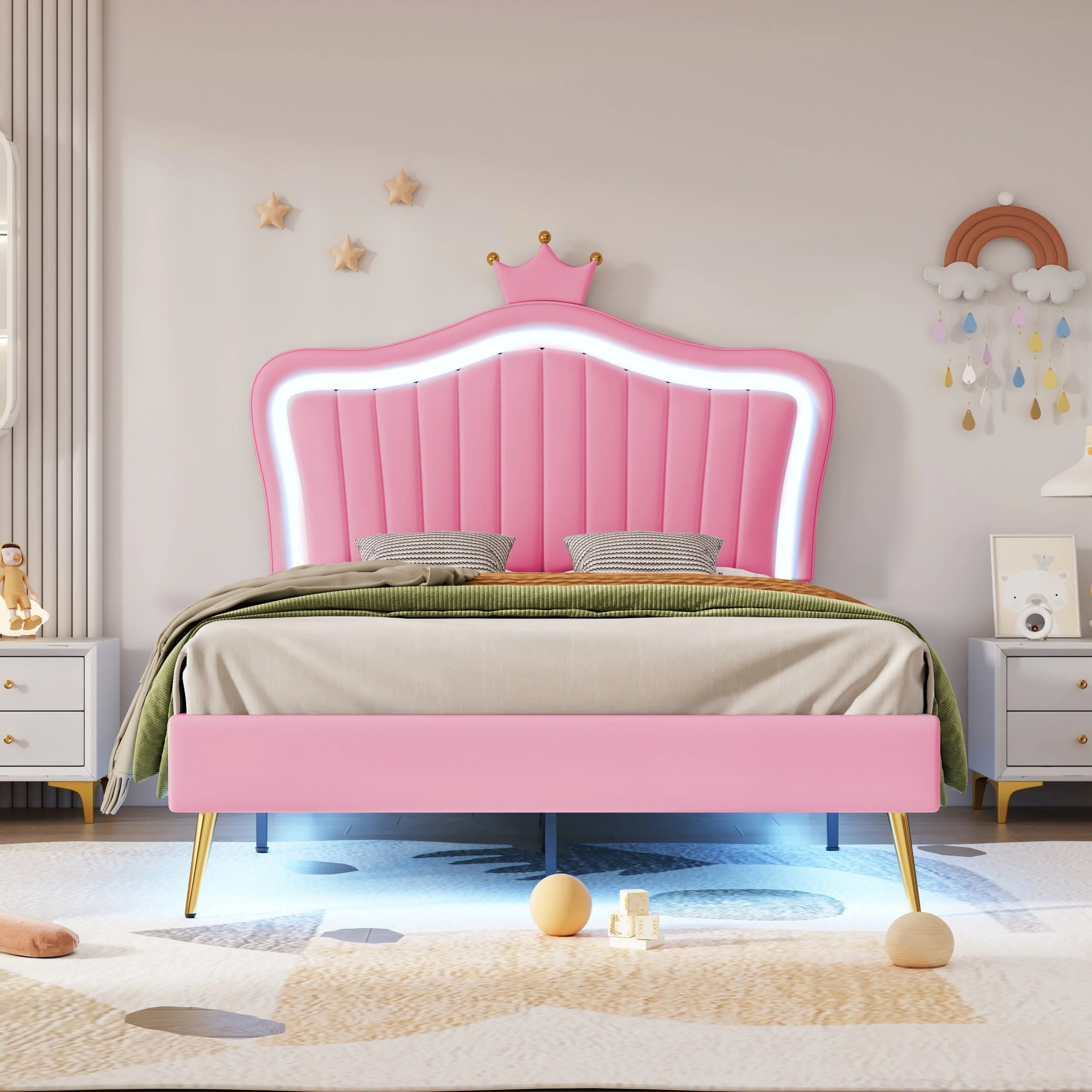 Children's Bed Upholstered Crown Bed Frame with LED Lights & Slatted Frame, Pink PU Leather - Image 3