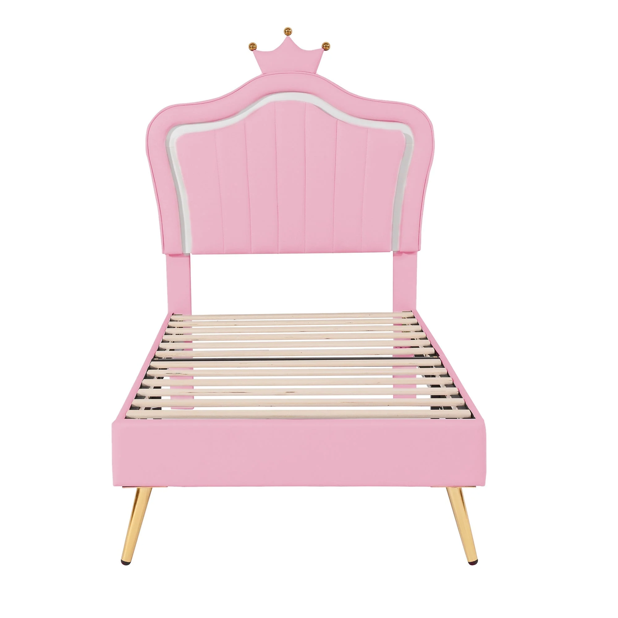 Children's Bed Upholstered Crown Bed Frame with LED Lights & Slatted Frame, Pink PU Leather - Image 6