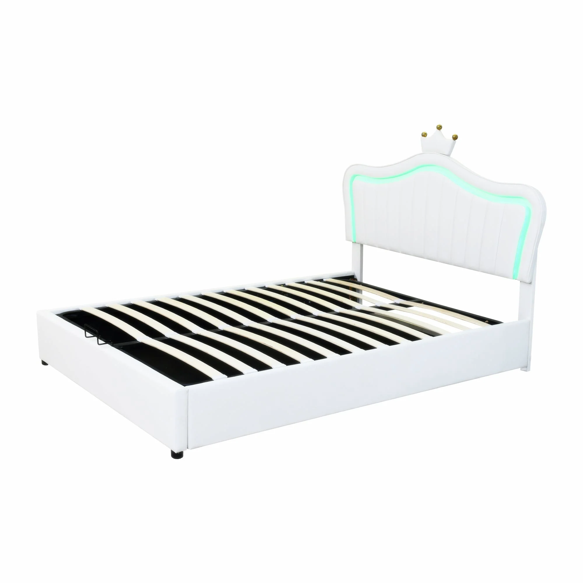 Children's Bed, Upholstered Hydraulic Storage with LED Lights, White PU Leather - Image 10
