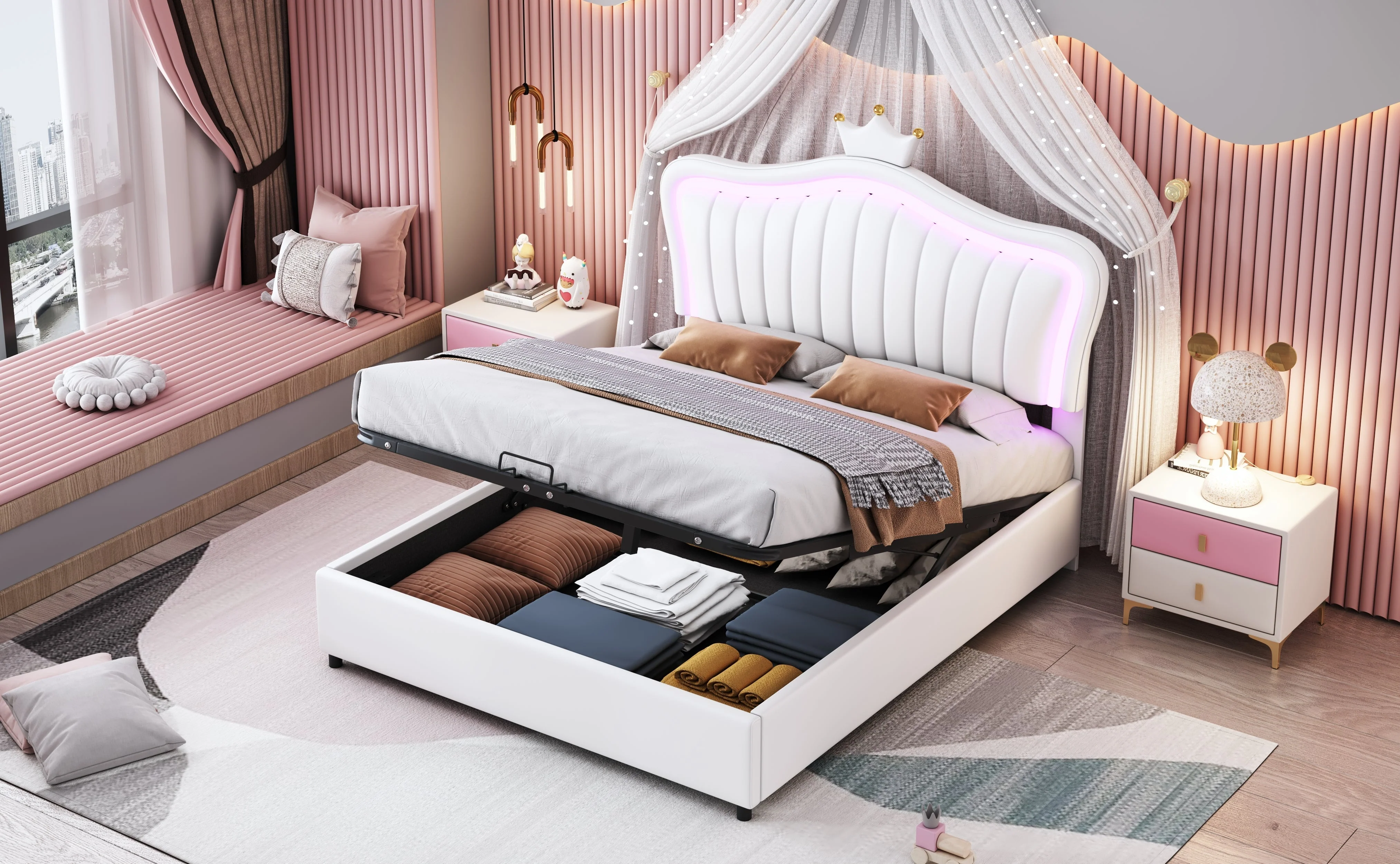 Children's Bed, Upholstered Hydraulic Storage with LED Lights, White PU Leather - Image 9