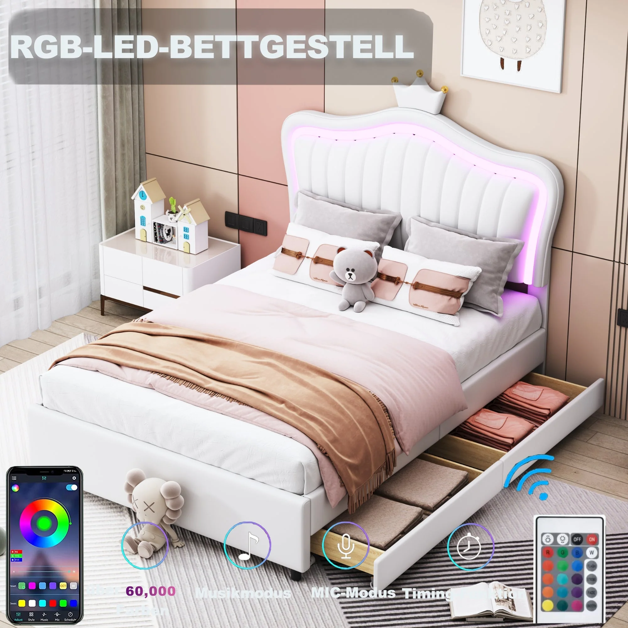 Children's Bed Upholstered Single Crown Girl's with Storage Drawers & LED Lights, White PU Leather - Image 10