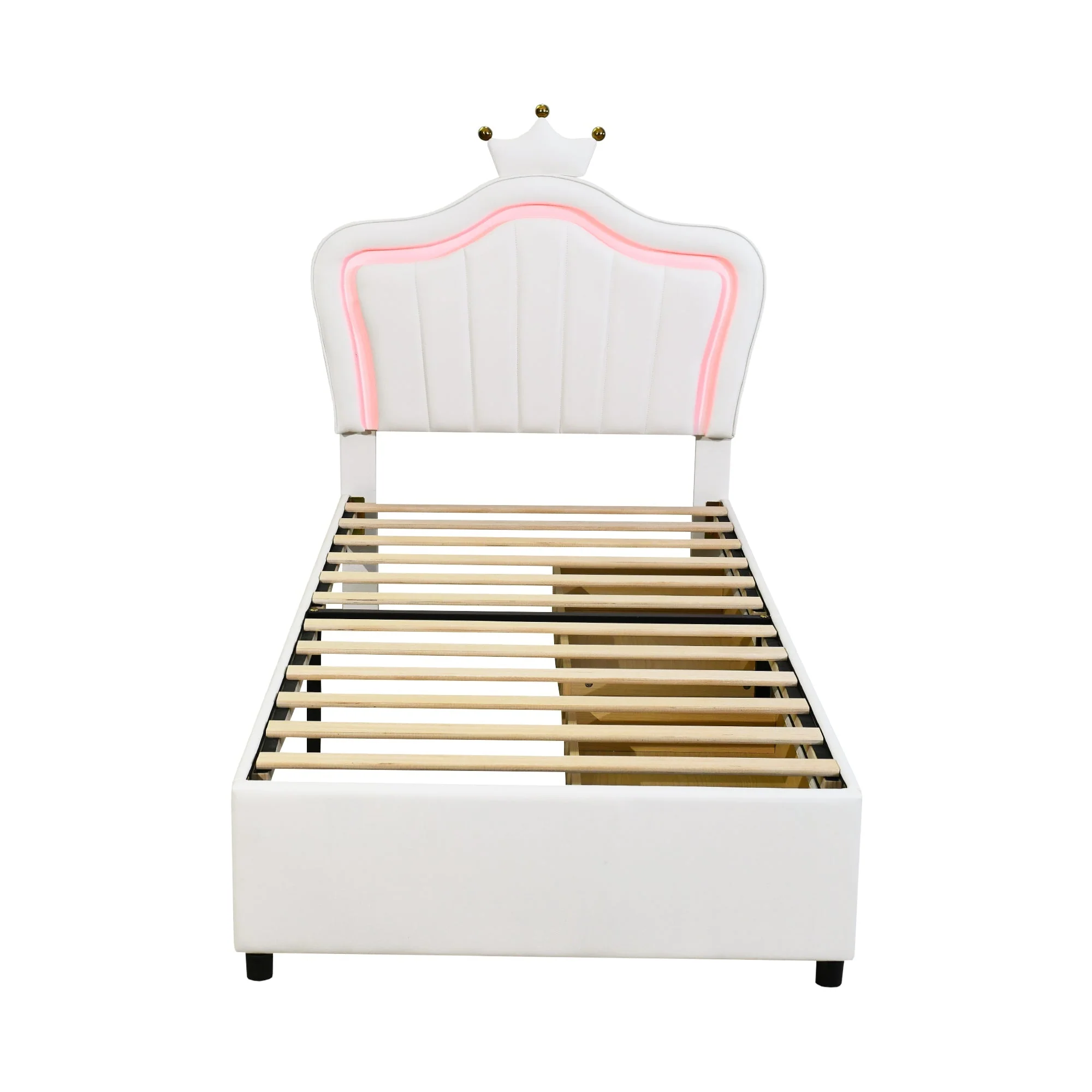 Children's Bed Upholstered Single Crown Girl's with Storage Drawers & LED Lights, White PU Leather - Image 4