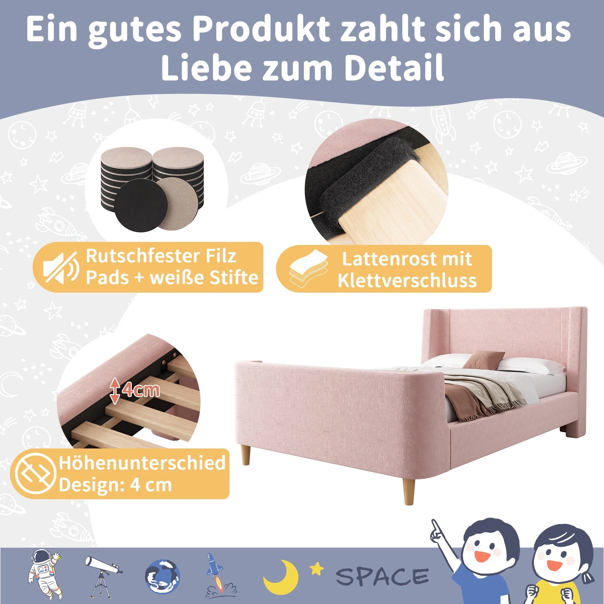 Children's Bed Upholstered Sleigh Bed, Cosmic Pattern, 90x200cm, Pink Velvet - Image 3