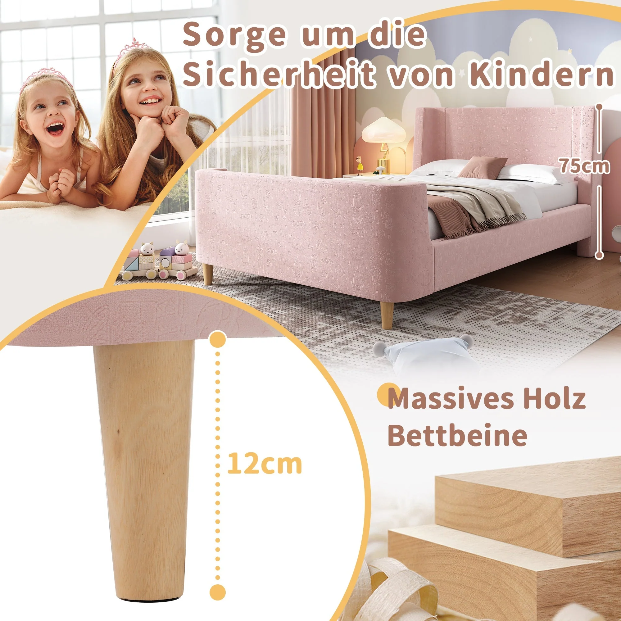 Children's Bed Upholstered Sleigh Bed, Cosmic Pattern, 90x200cm, Pink Velvet - Image 4