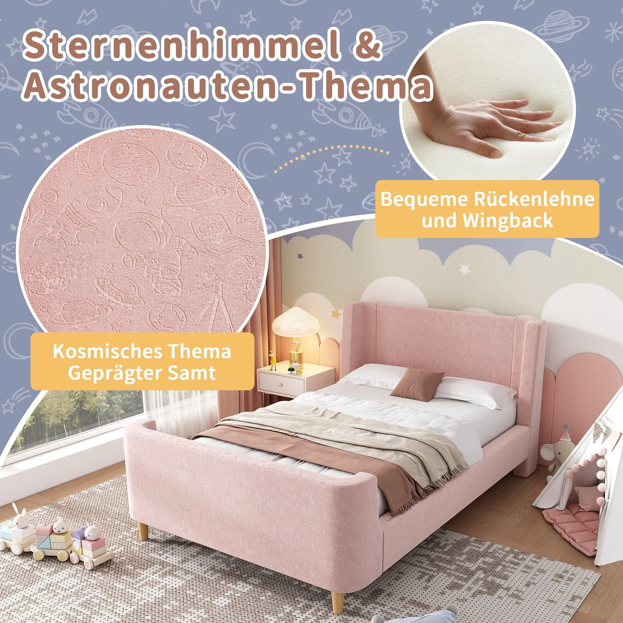 Children's Bed Upholstered Sleigh Bed, Cosmic Pattern, 90x200cm, Pink Velvet - Image 5