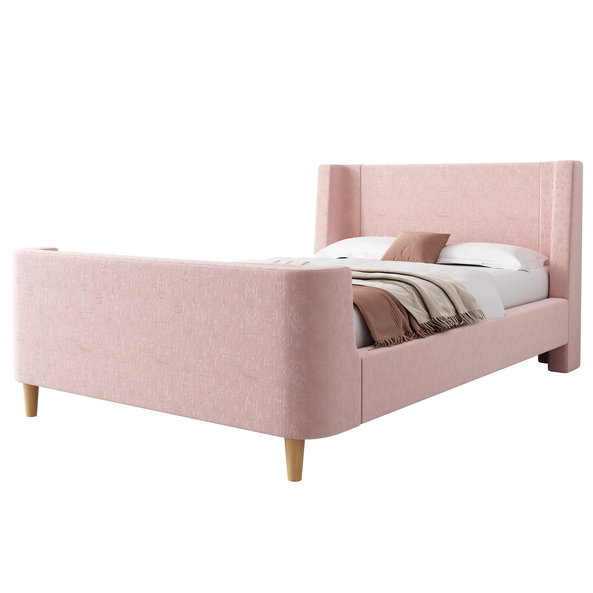 Children's Bed Upholstered Sleigh Bed, Cosmic Pattern, 90x200cm, Pink Velvet - Image 7