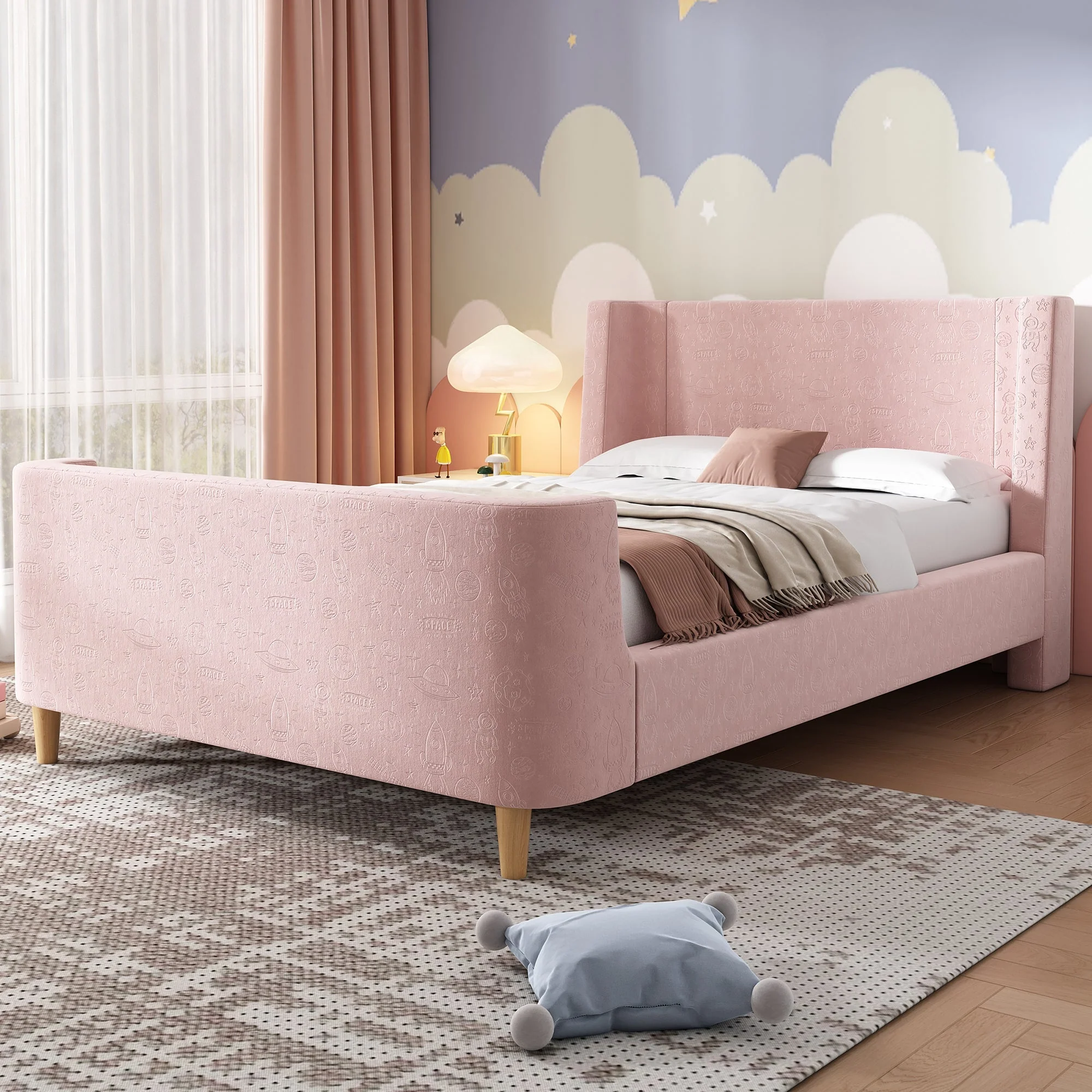 Children's Bed Upholstered Sleigh Bed, Cosmic Pattern, 90x200cm, Pink Velvet - Image 9