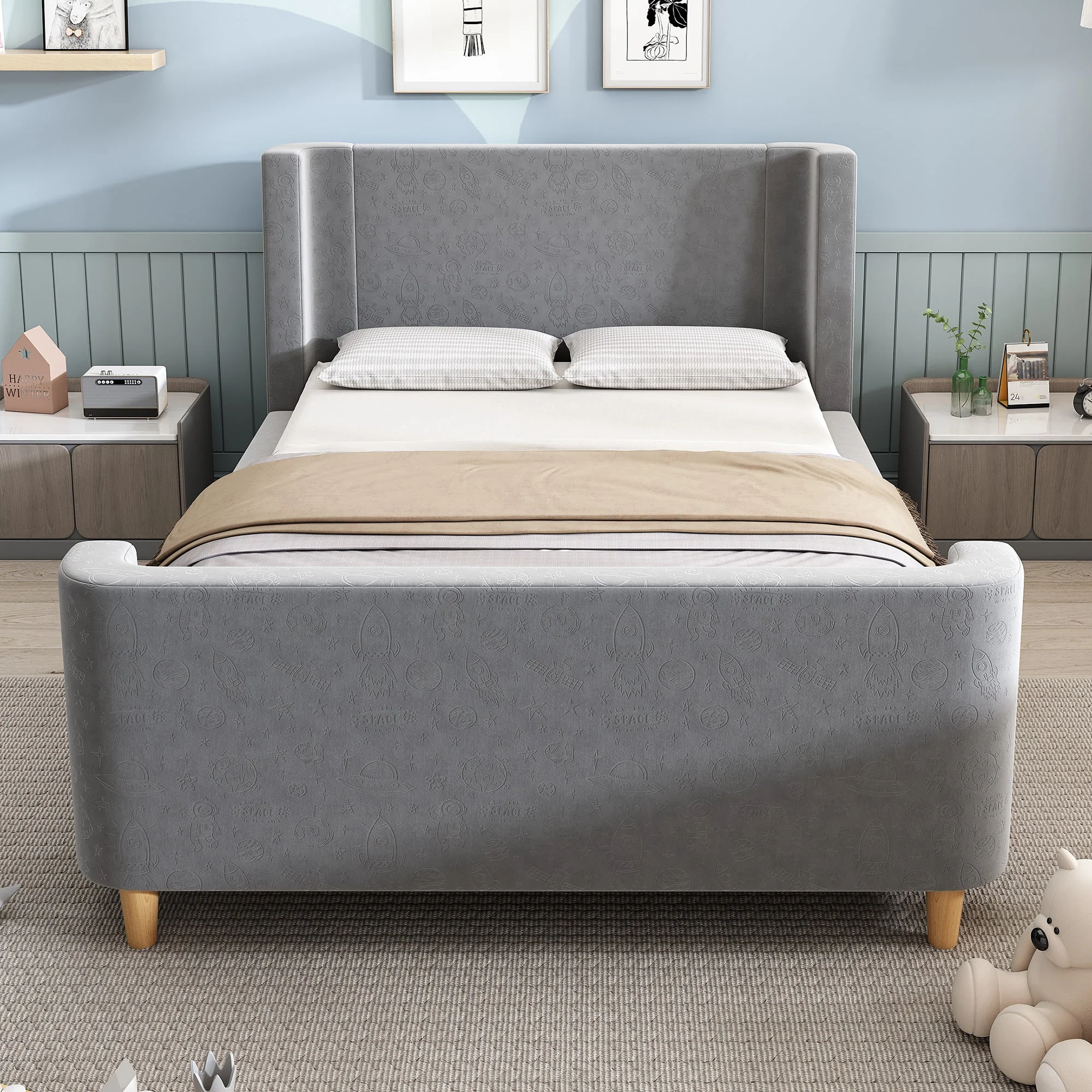 Children's Bed Upholstered Sleigh with Cosmic Pattern, 90x200cm, Grey Velvet - Image 10