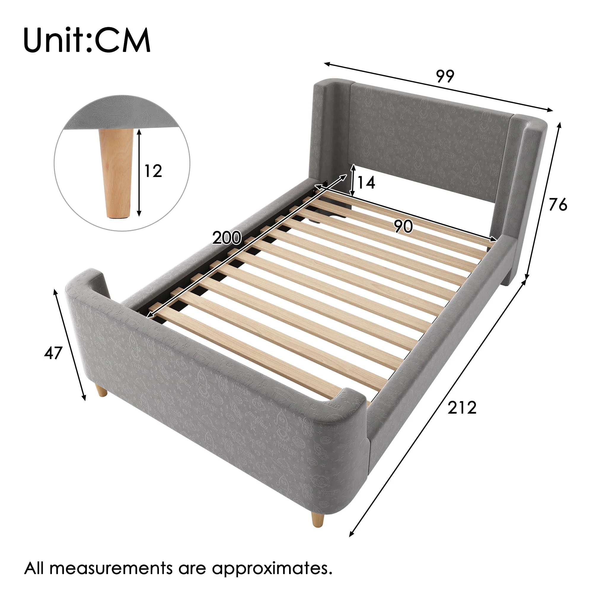 Children's Bed Upholstered Sleigh with Cosmic Pattern, 90x200cm, Grey Velvet - Image 2