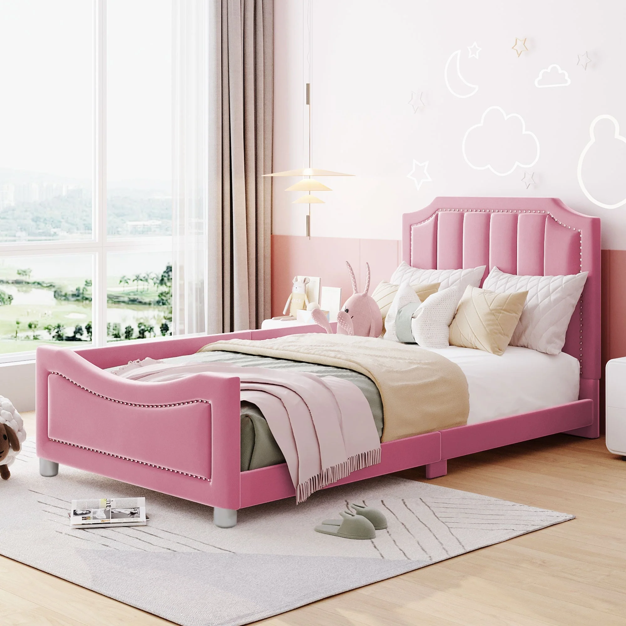 90×200cm Children’s Upholstered Sofa Bed in Pink Flannel - Image 3