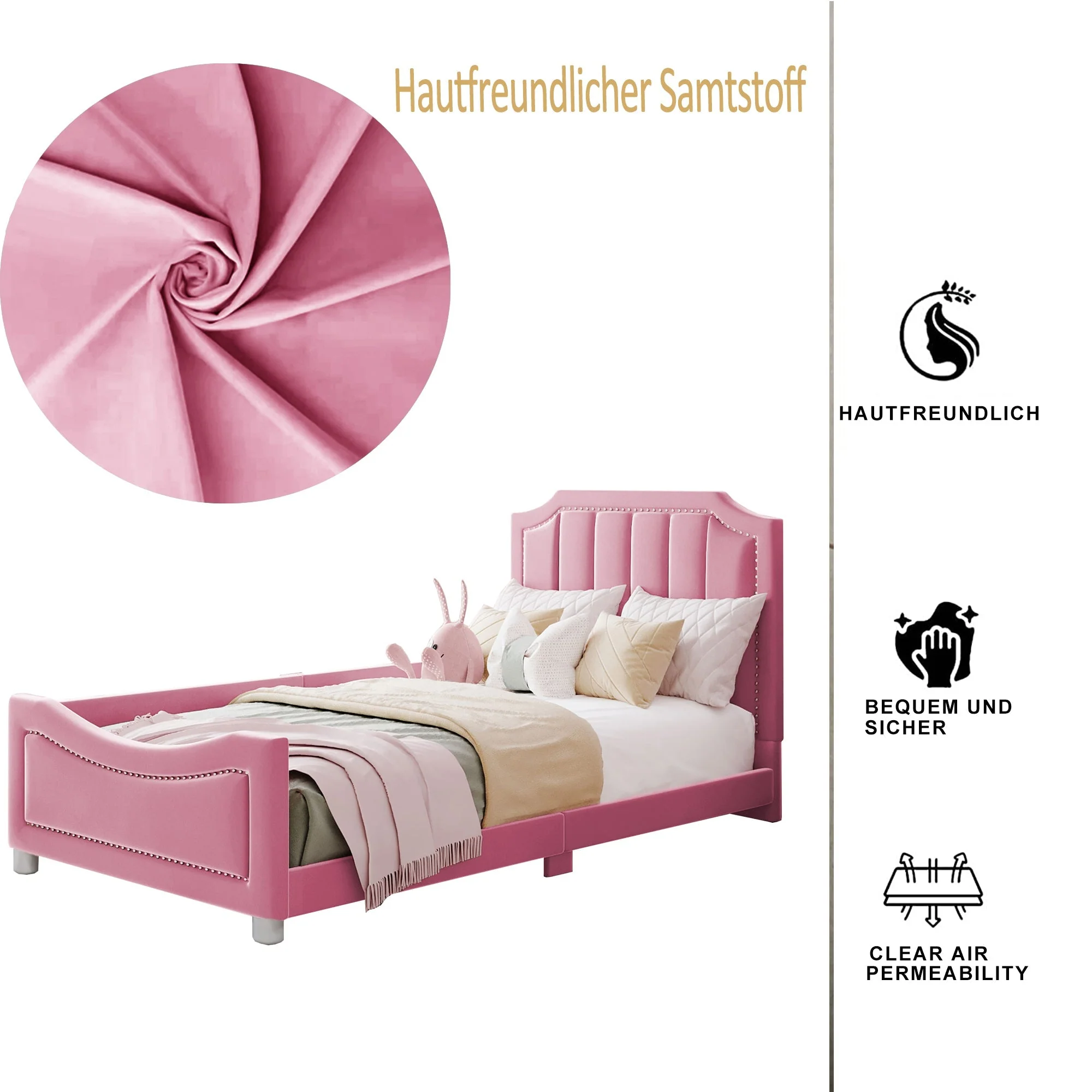 90×200cm Children’s Upholstered Sofa Bed in Pink Flannel - Image 5