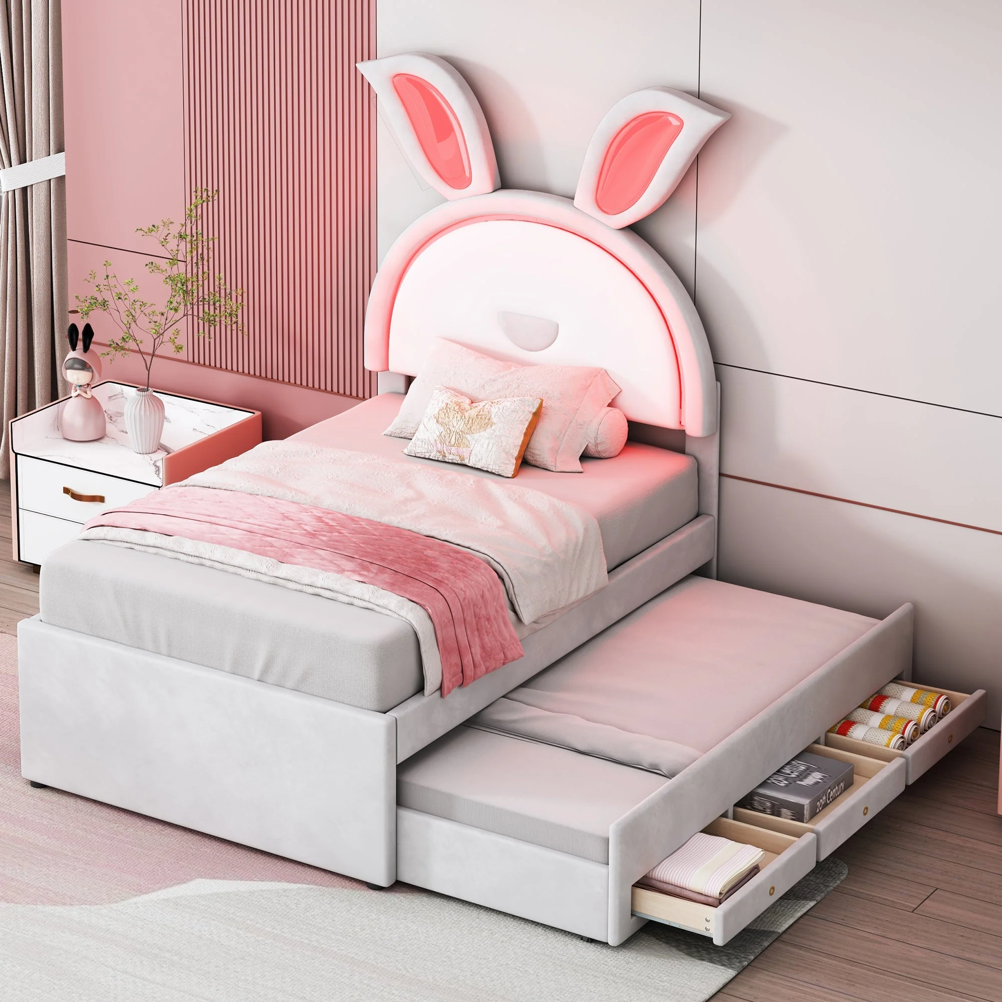 Children's Bed Upholstered Sofa with Pull-Out, Storage & LED Light, Beige Velvet