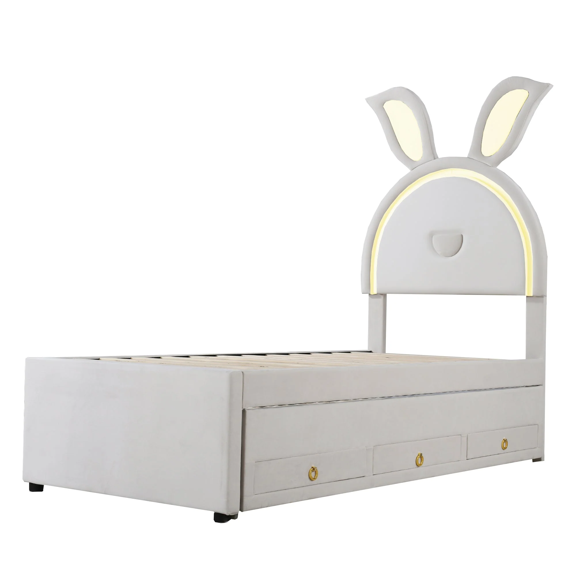 Children's Bed Upholstered Sofa with Pull-Out, Storage & LED Light, Beige Velvet - Image 10