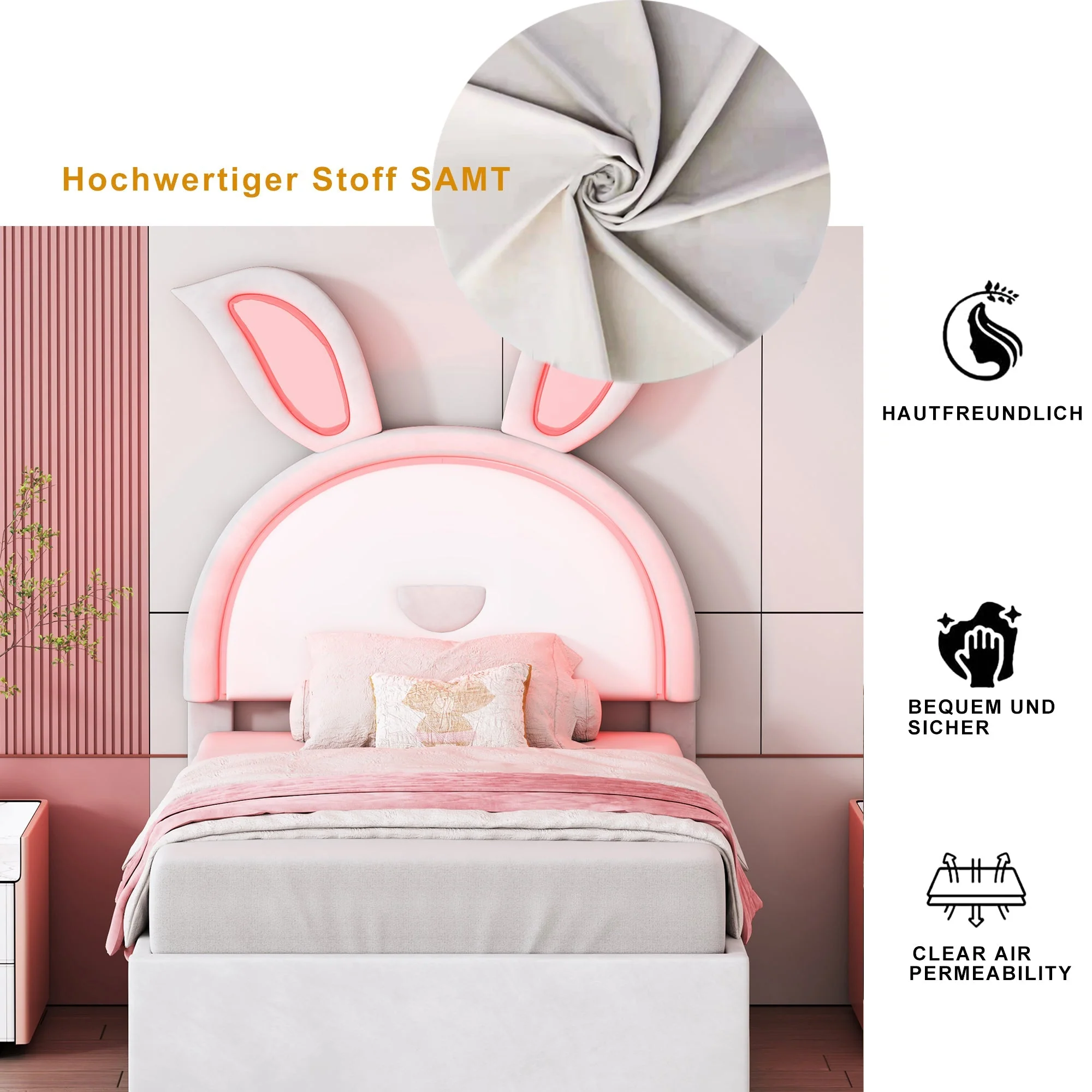 Children's Bed Upholstered Sofa with Pull-Out, Storage & LED Light, Beige Velvet - Image 6