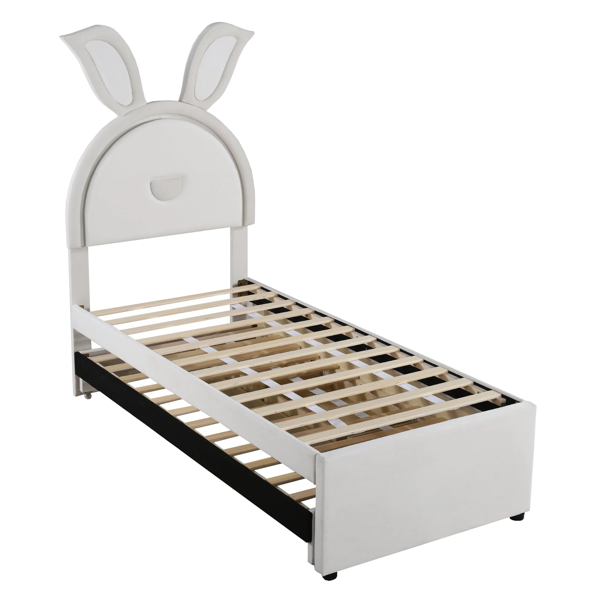 Children's Bed Upholstered Sofa with Pull-Out, Storage & LED Light, Beige Velvet - Image 8