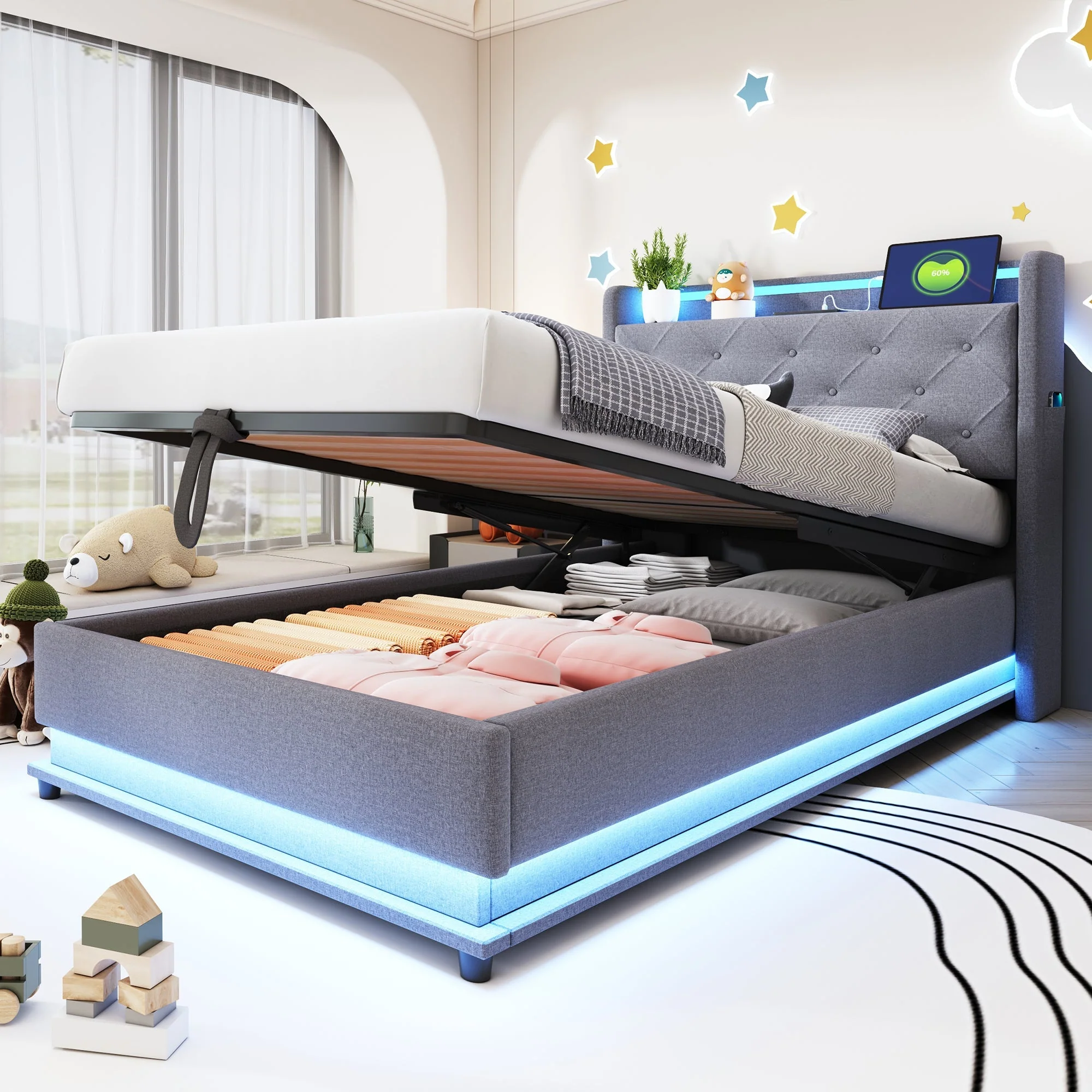 Children's Bed, Upholstered with Lights, USB, Storage, Gray Linen - Image 2