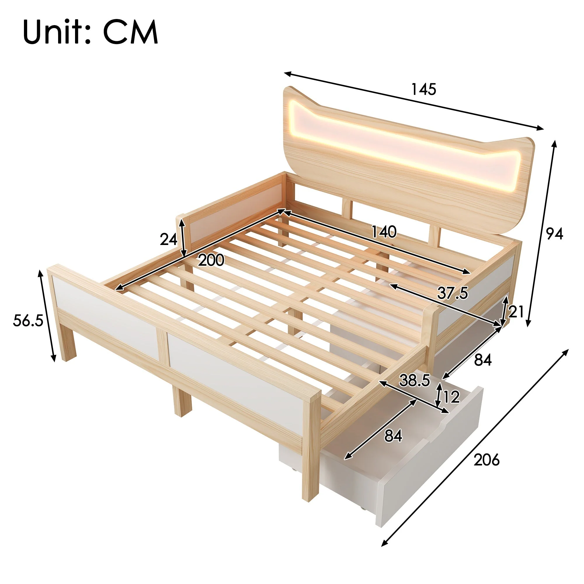 Children's Bed with Cat Ear Headboard, RGB LED Lighting, Storage Drawer and Safety Rails, 140x200cm, White and Oak - Image 2