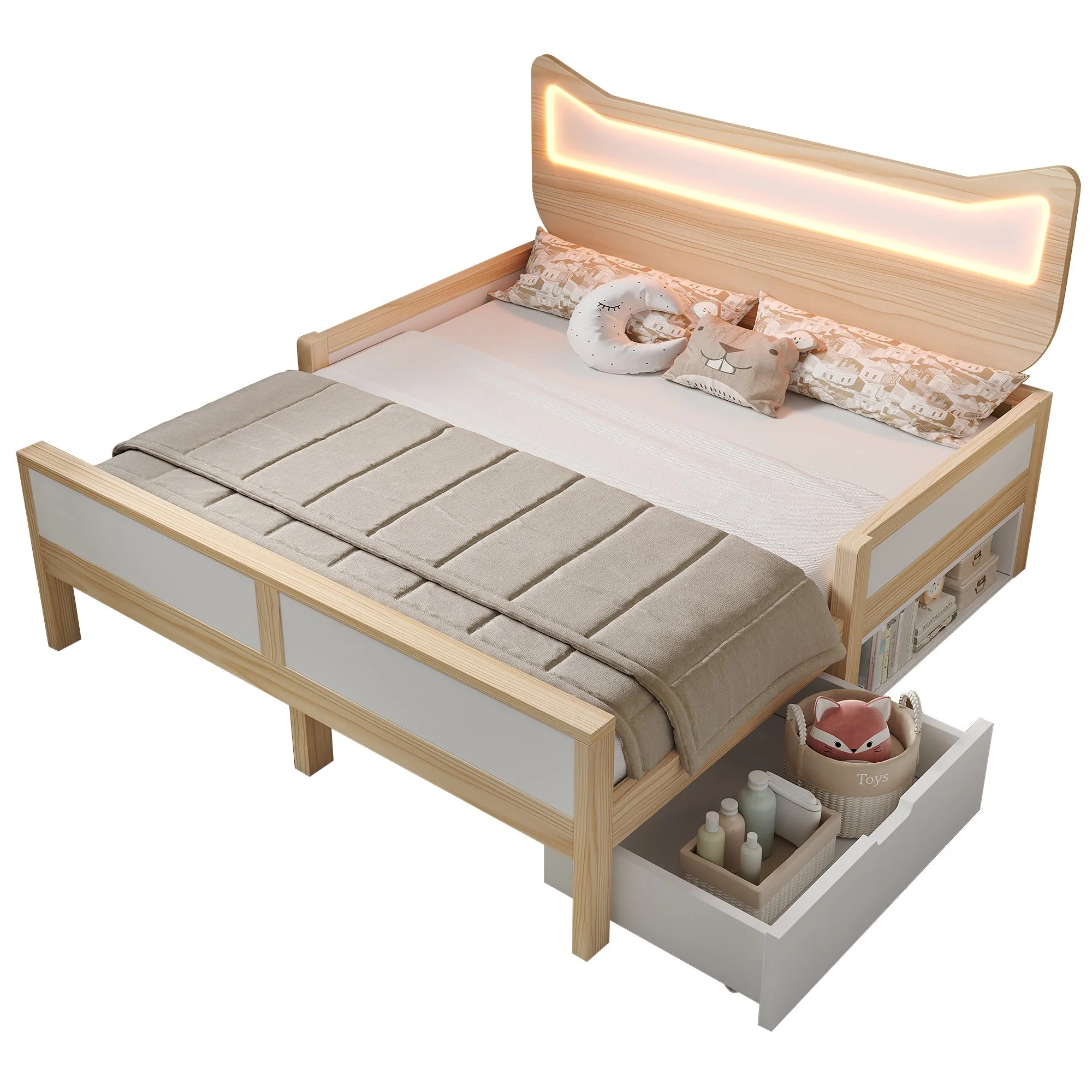 Children's Bed with Cat Ear Headboard, RGB LED Lighting, Storage Drawer and Safety Rails, 140x200cm, White and Oak - Image 3
