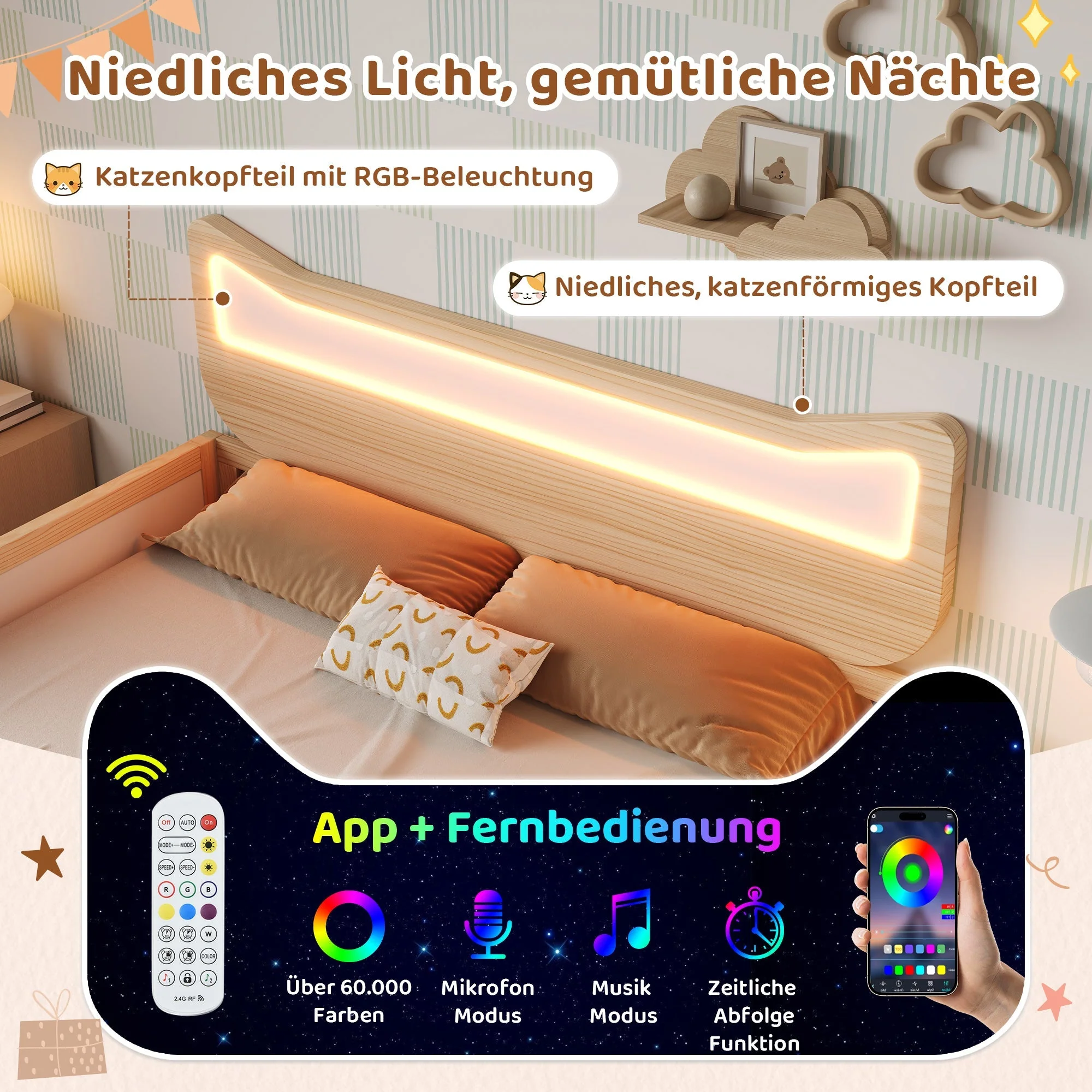 Children's Bed with Cat Ear Headboard, RGB LED Lighting, Storage Drawer and Safety Rails, 140x200cm, White and Oak - Image 4