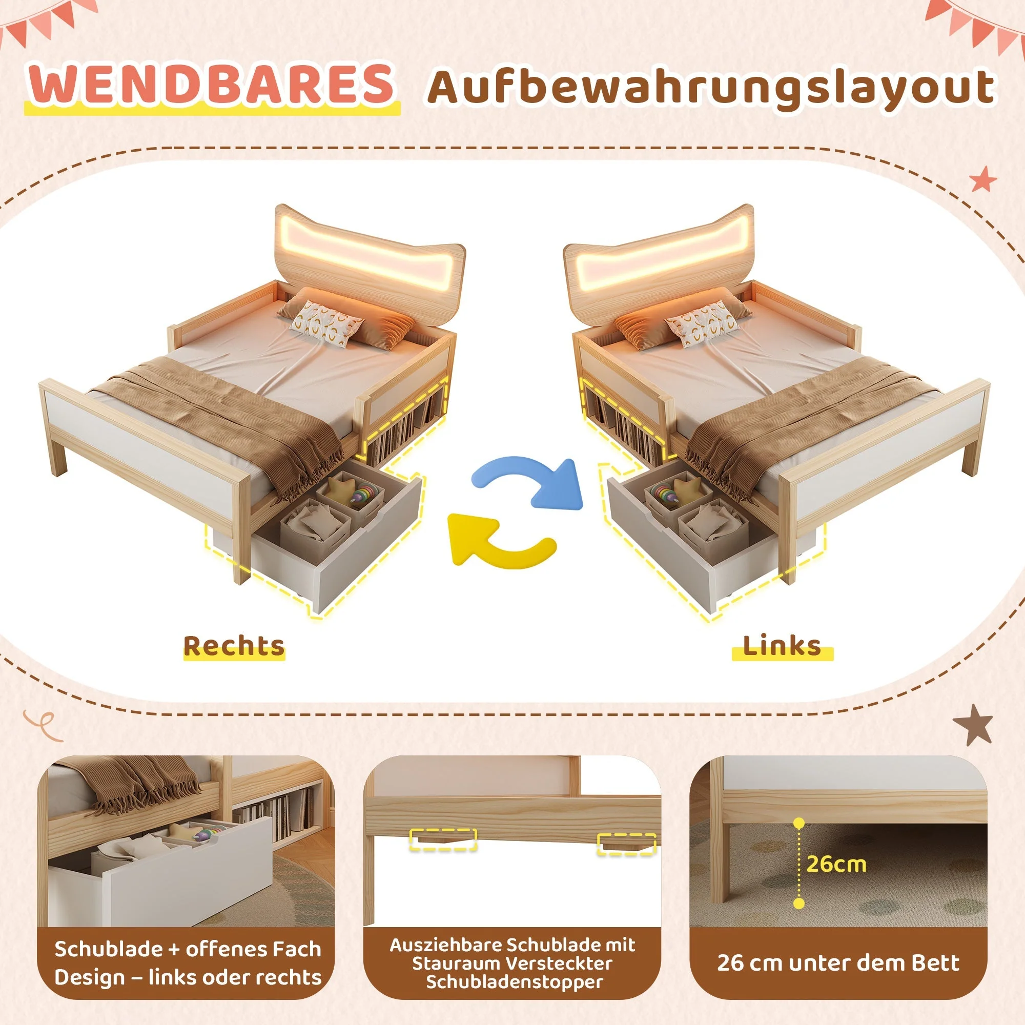 Children's Bed with Cat Ear Headboard, RGB LED Lighting, Storage Drawer and Safety Rails, 140x200cm, White and Oak - Image 5