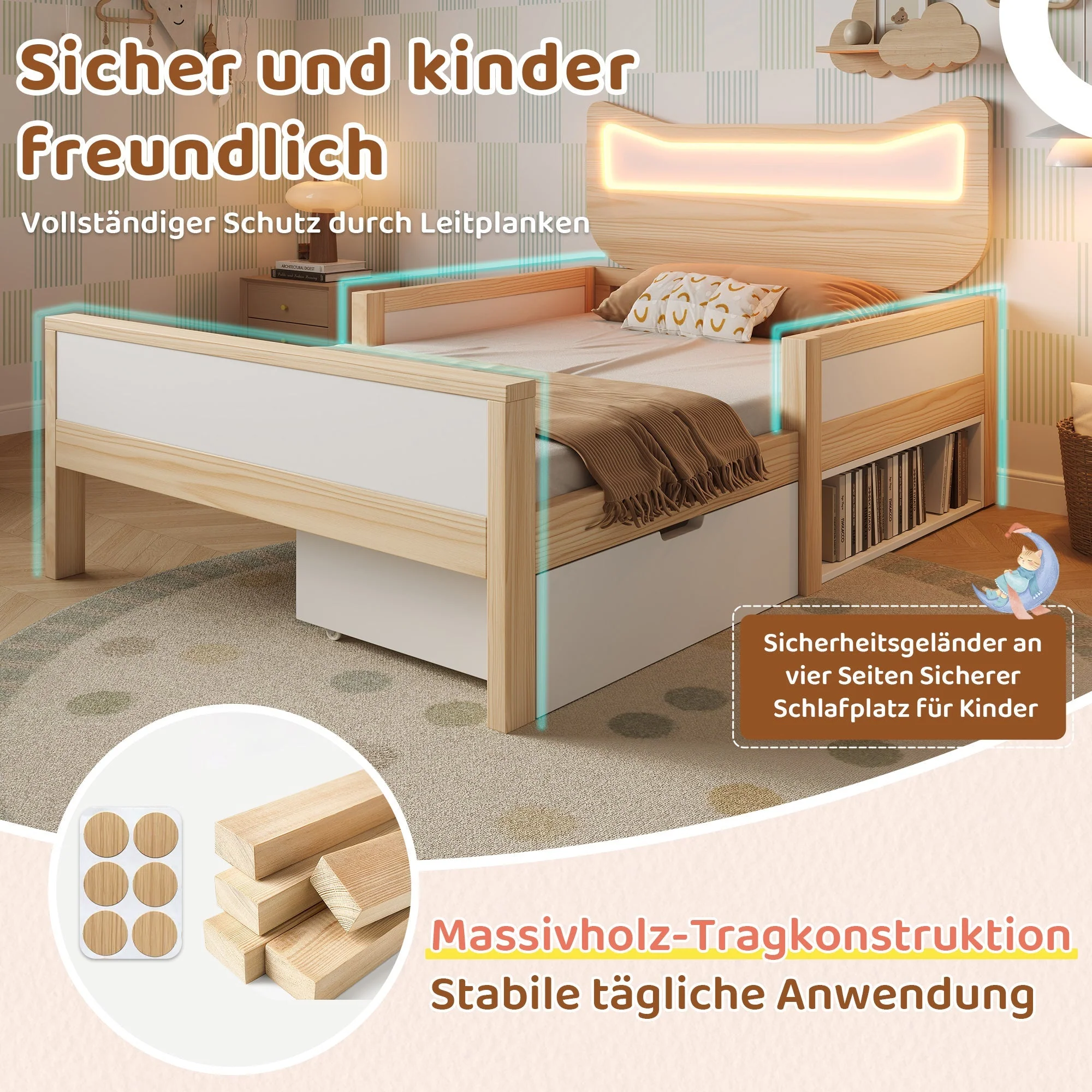 Children's Bed with Cat Ear Headboard, RGB LED Lighting, Storage Drawer and Safety Rails, 140x200cm, White and Oak - Image 6