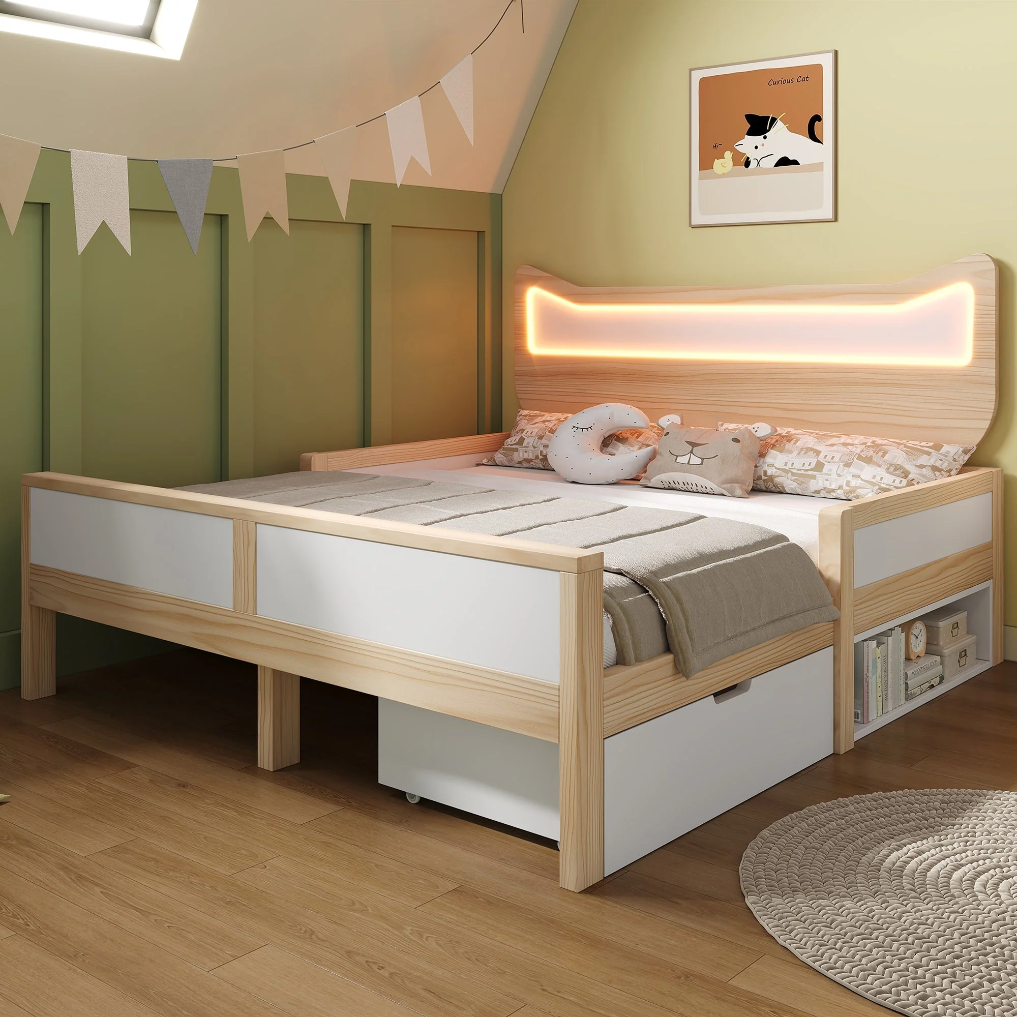 Children's Bed with Cat Ear Headboard, RGB LED Lighting, Storage Drawer and Safety Rails, 140x200cm, White and Oak - Image 7
