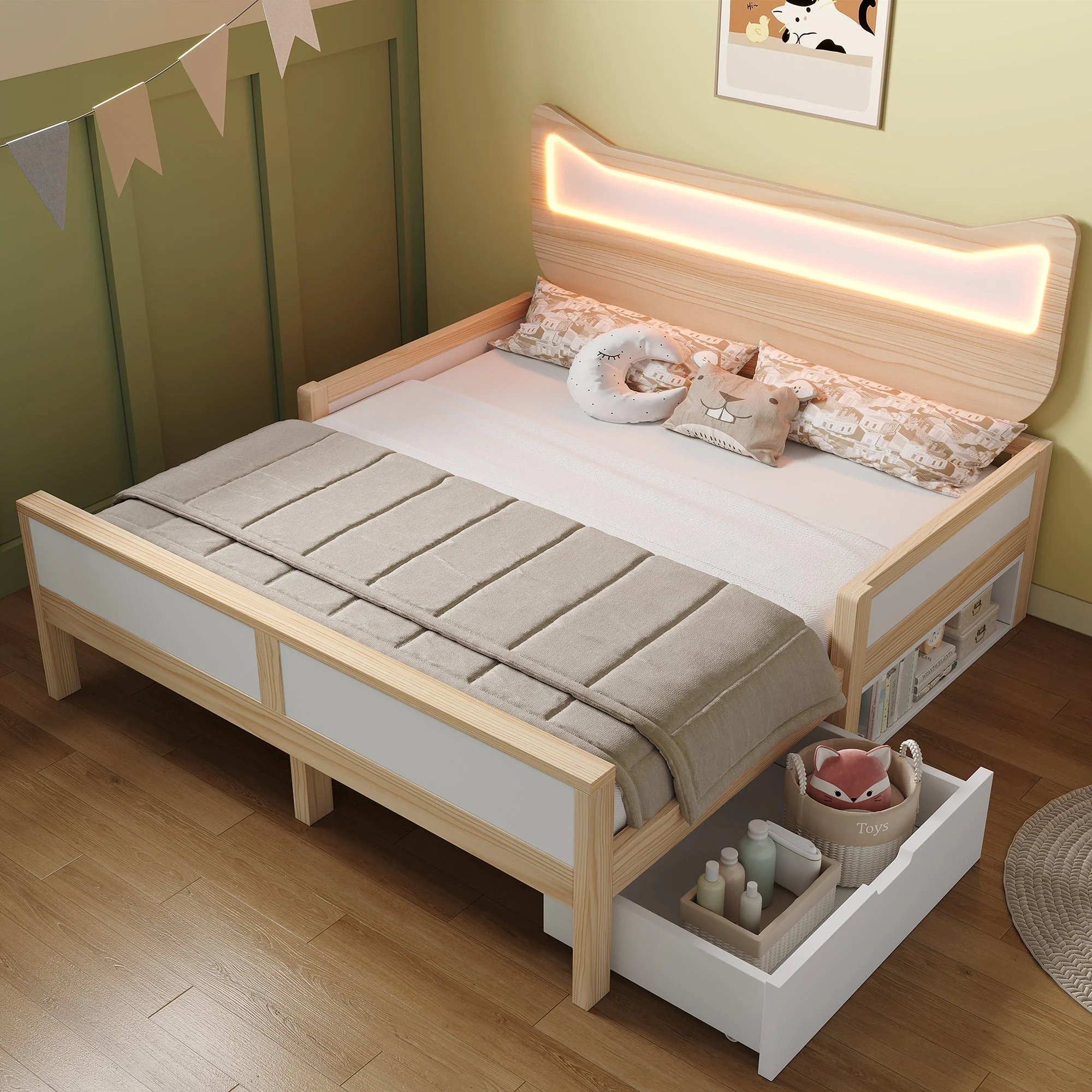 Children's Bed with Cat Ear Headboard, RGB LED Lighting, Storage Drawer and Safety Rails, 140x200cm, White and Oak - Image 8