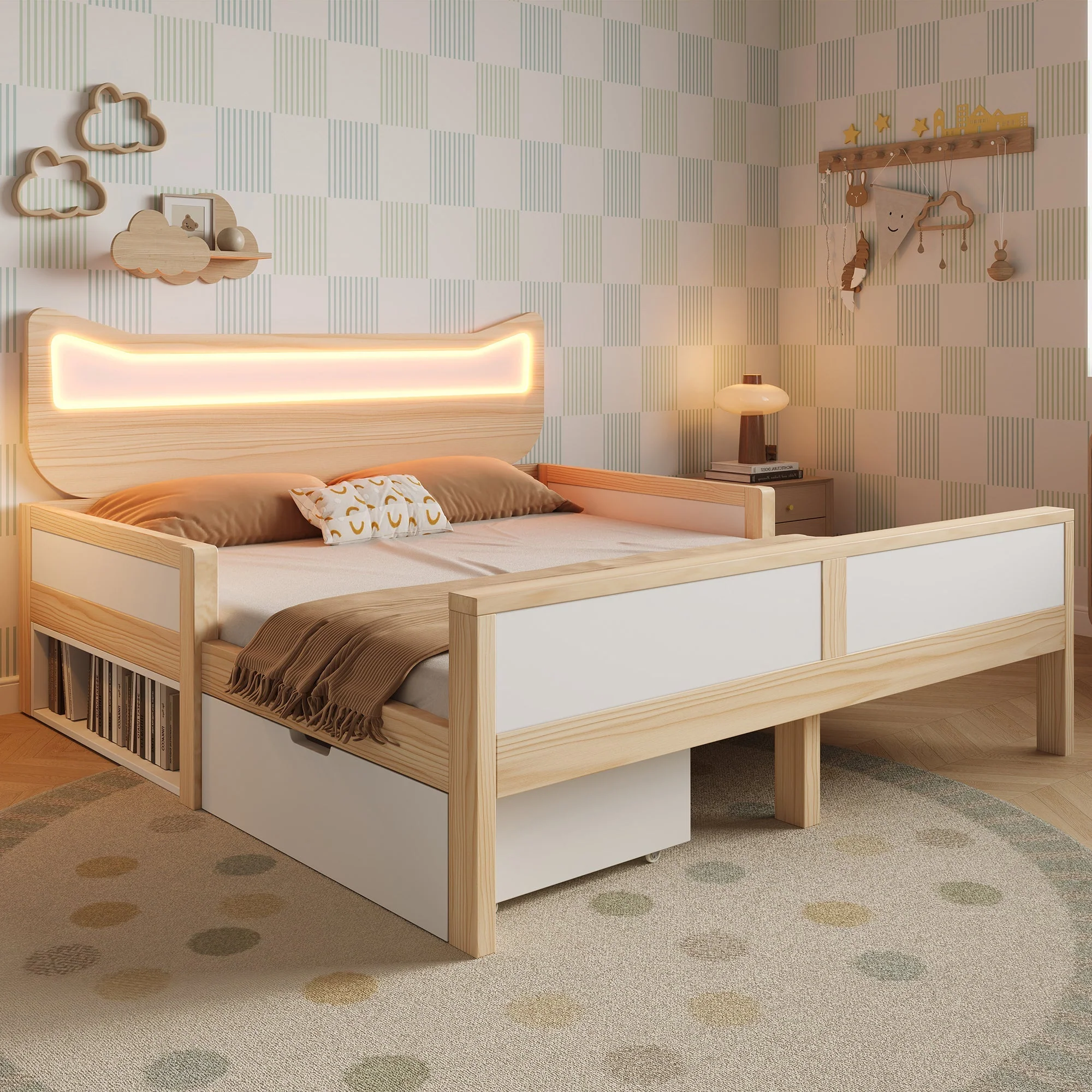 Children's Bed with Cat Ear Headboard, RGB LED Lighting, Storage Drawer and Safety Rails, 140x200cm, White and Oak - Image 9