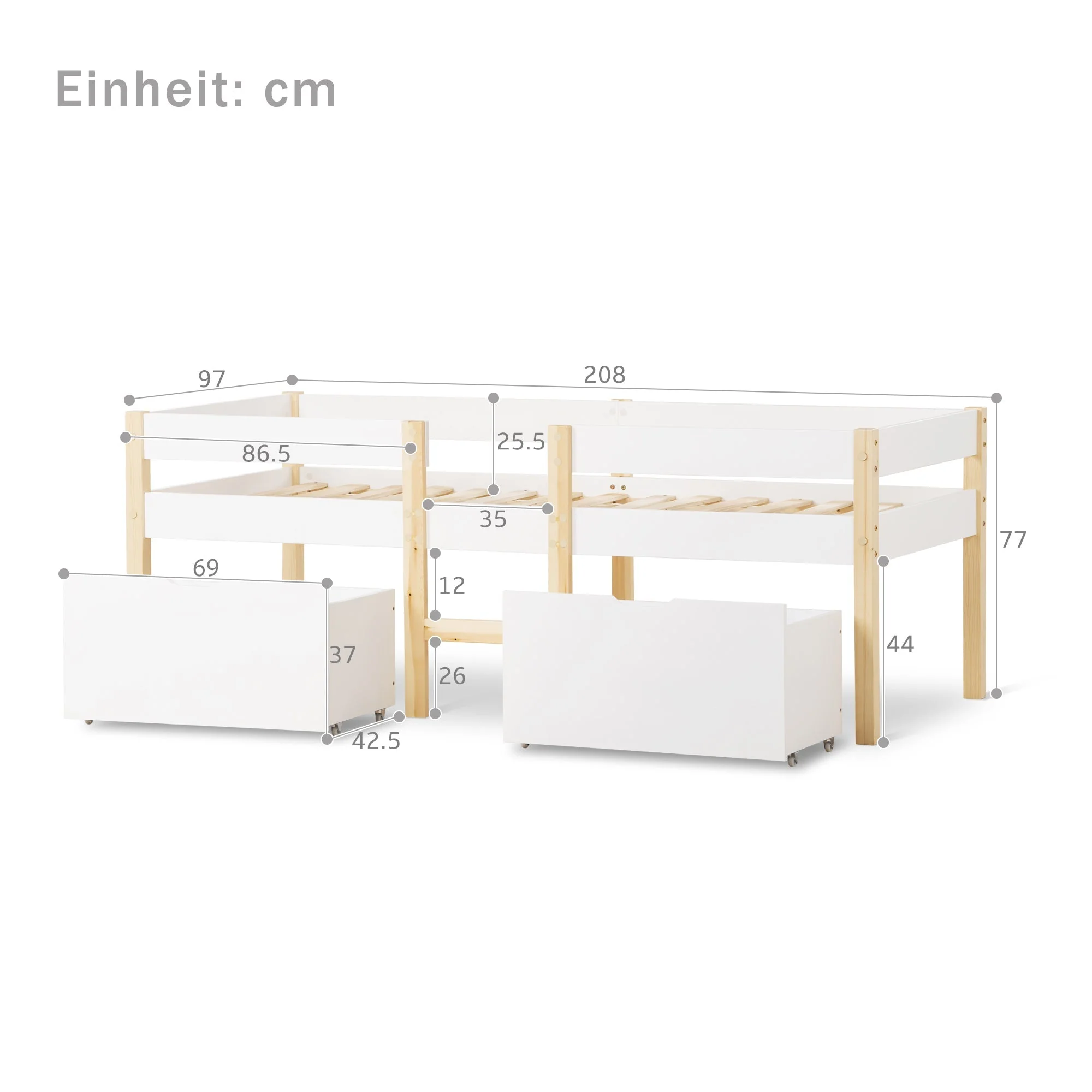 Children's Bed with Drawer and Fall Protection, 90x200 cm, Solid Pine Wood White & Oak - Image 4