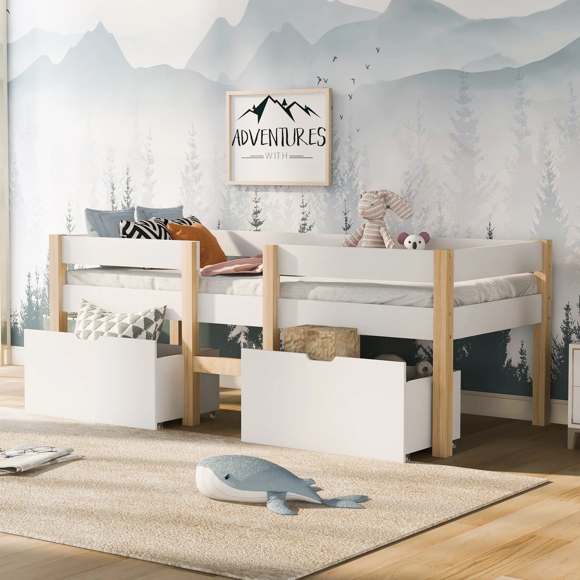 Children's Bed with Drawer and Fall Protection, 90x200 cm, Solid Pine Wood White & Oak - Image 7