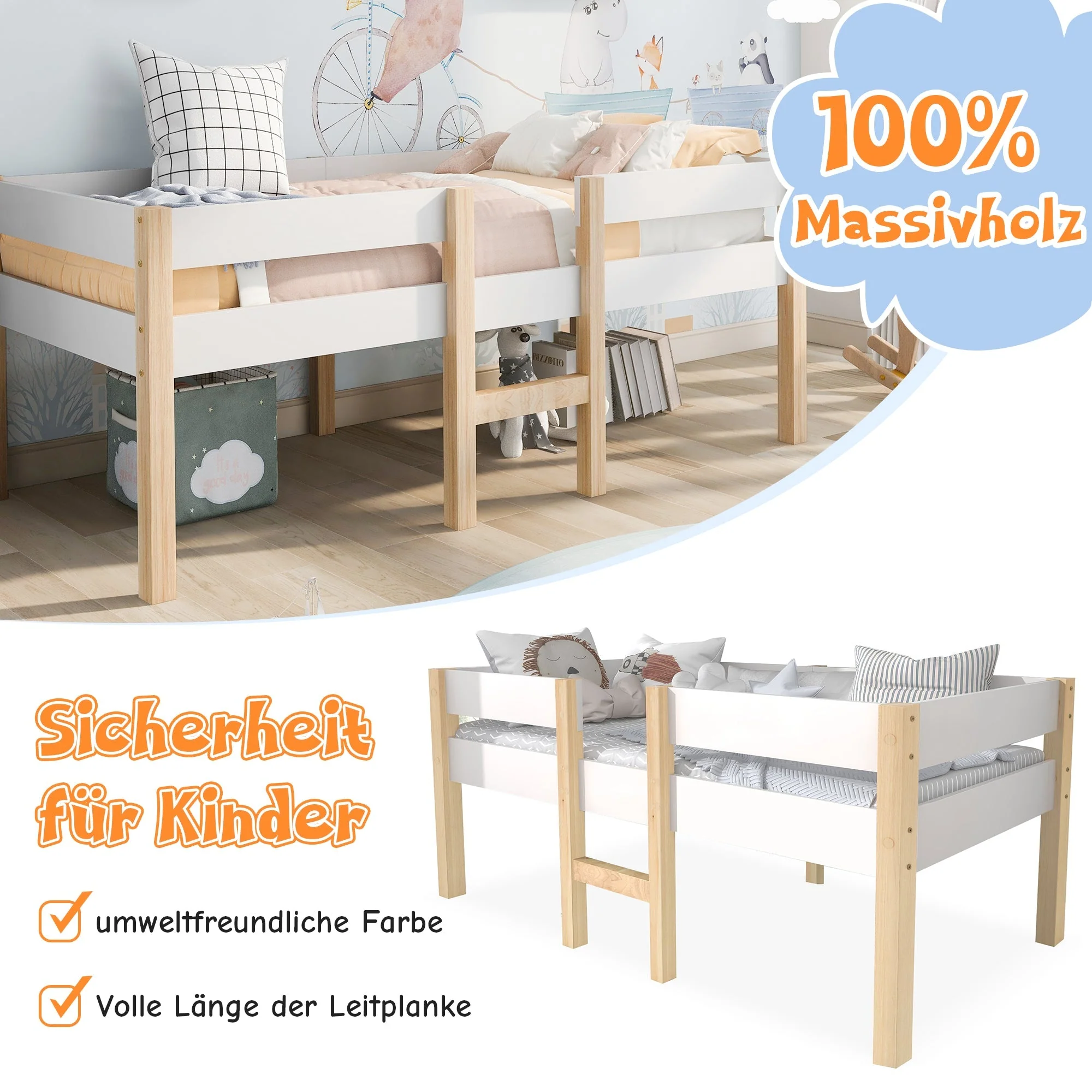 Children's Bed with Drawer and Fall Protection, 90x200 cm, Solid Pine Wood White & Oak - Image 8
