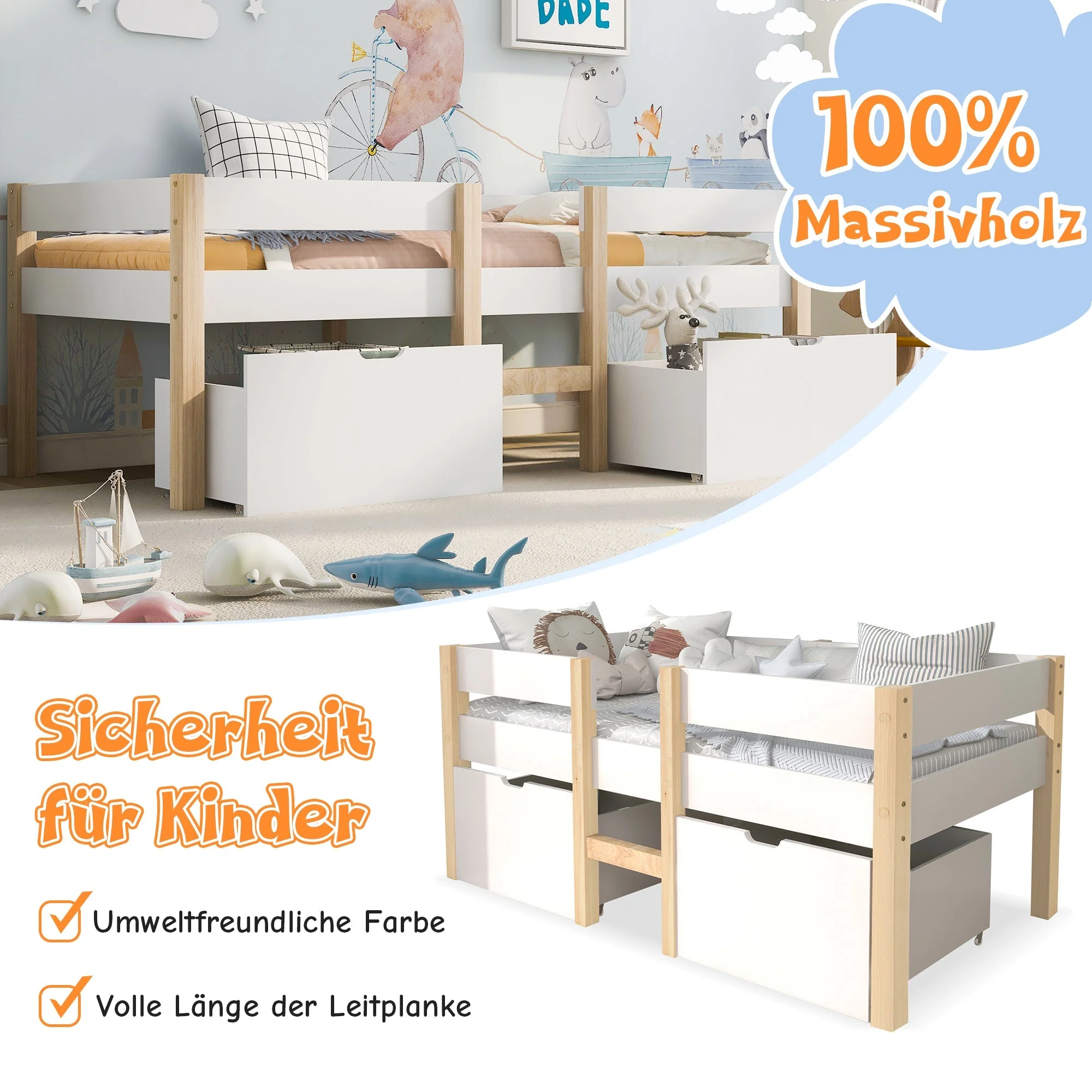 Children's Bed with Drawer & Fall Protection, 90x190cm, Solid Pine Wood, White & Oak - Image 8