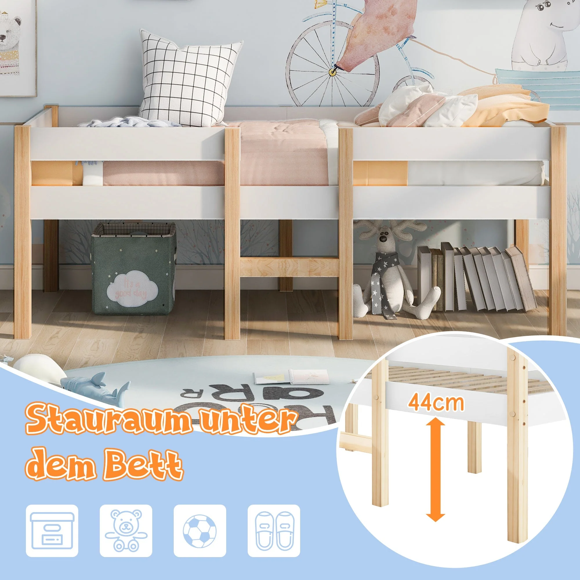 Children's bed with fall protection, 90x190 cm, solid pine wood, white & oak - Image 7