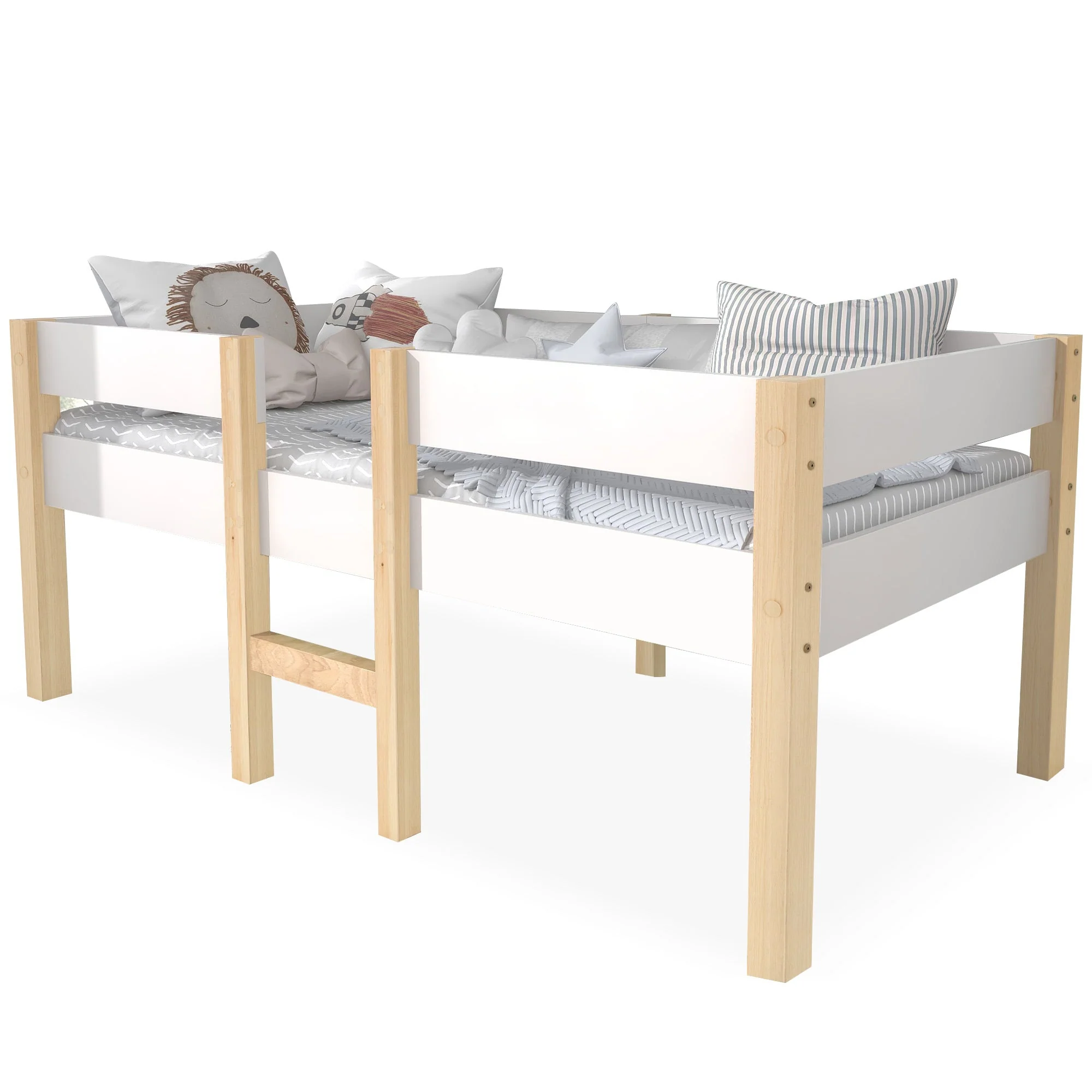 Children's bed with fall protection, 90x200 cm, solid pine wood, white & oak - Image 3