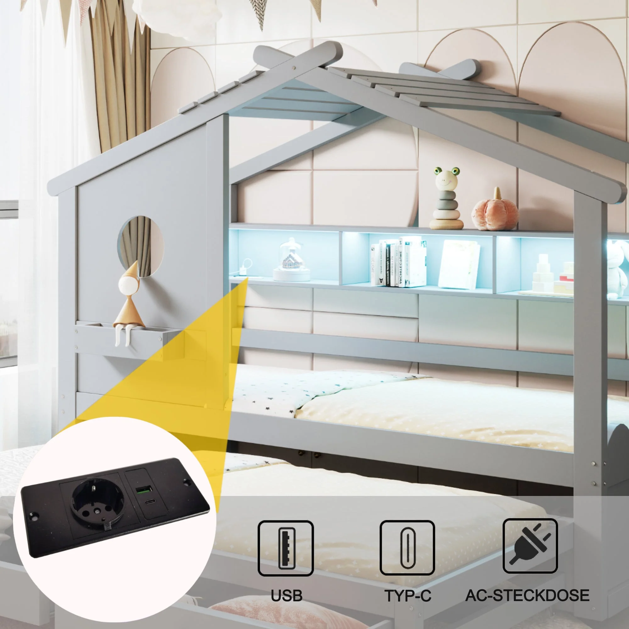 Children's Bed with Pull-out Bed, House Design, Two Drawers, LED and USB, 90x200cm, Grey - Image 5