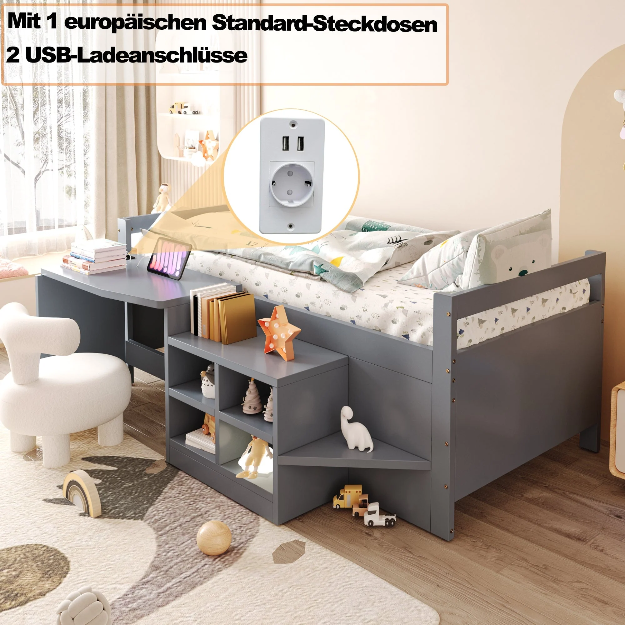 Children's Bed with Storage, Desk and European Sockets, 90x200cm, Grey Wood - Image 3