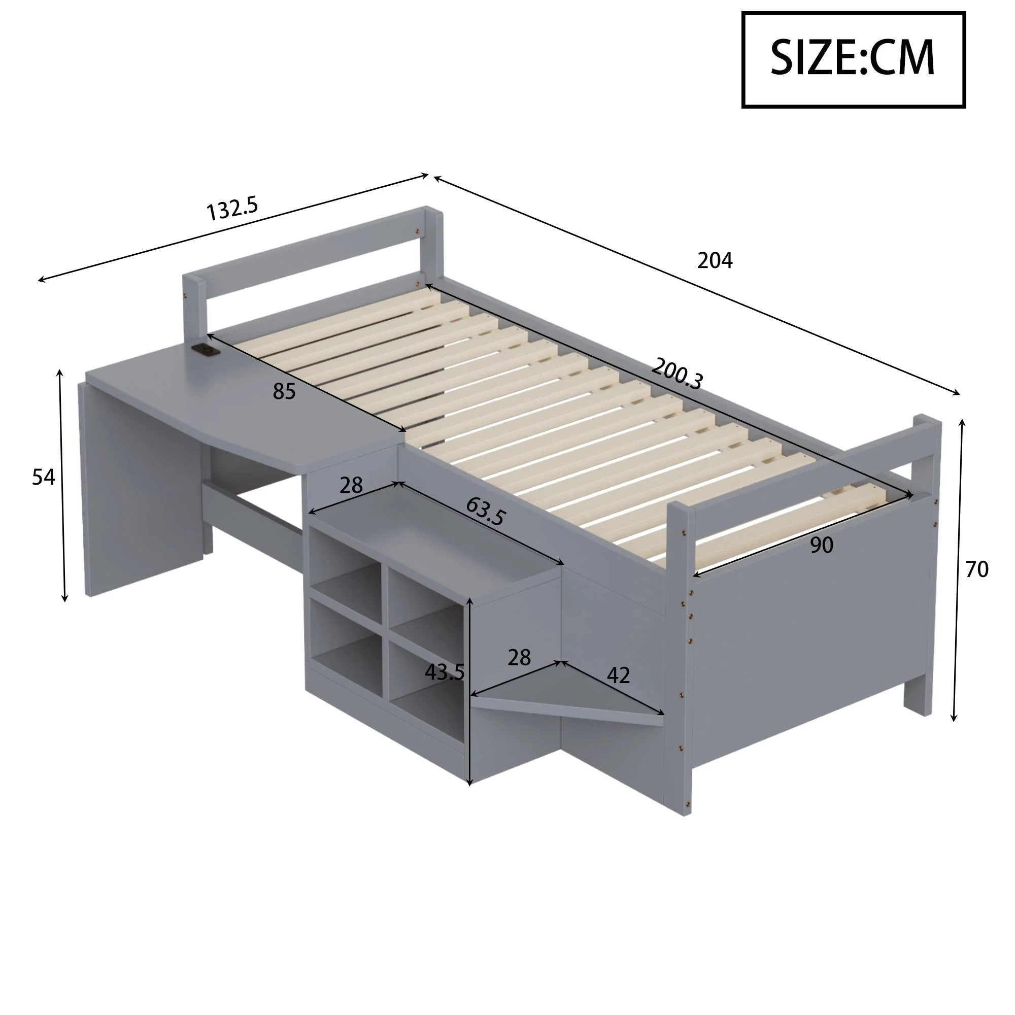 Children's Bed with Storage, Desk and European Sockets, 90x200cm, Grey Wood - Image 4
