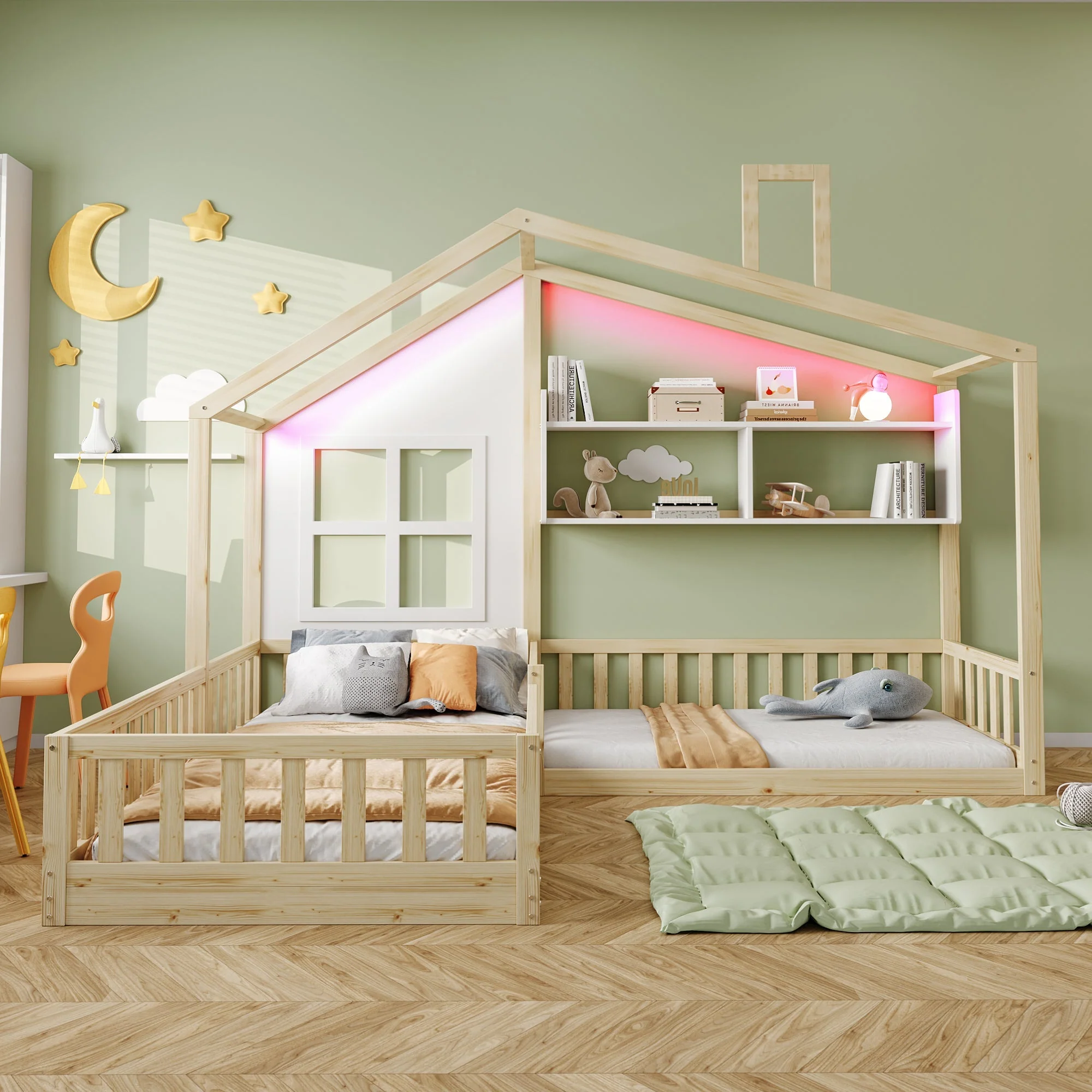 Children's Bed with Window, Shelves and LED Light Strip, Wood Color - Image 2
