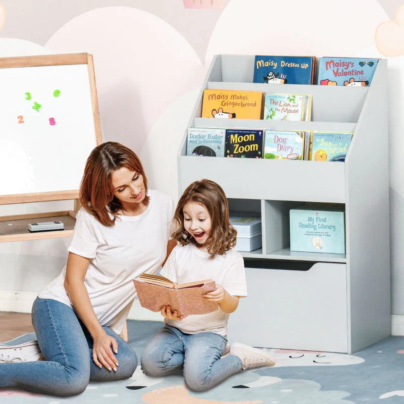 Children's Bookcase, 3 Shelves 2 Open Compartments, Grey - Image 2