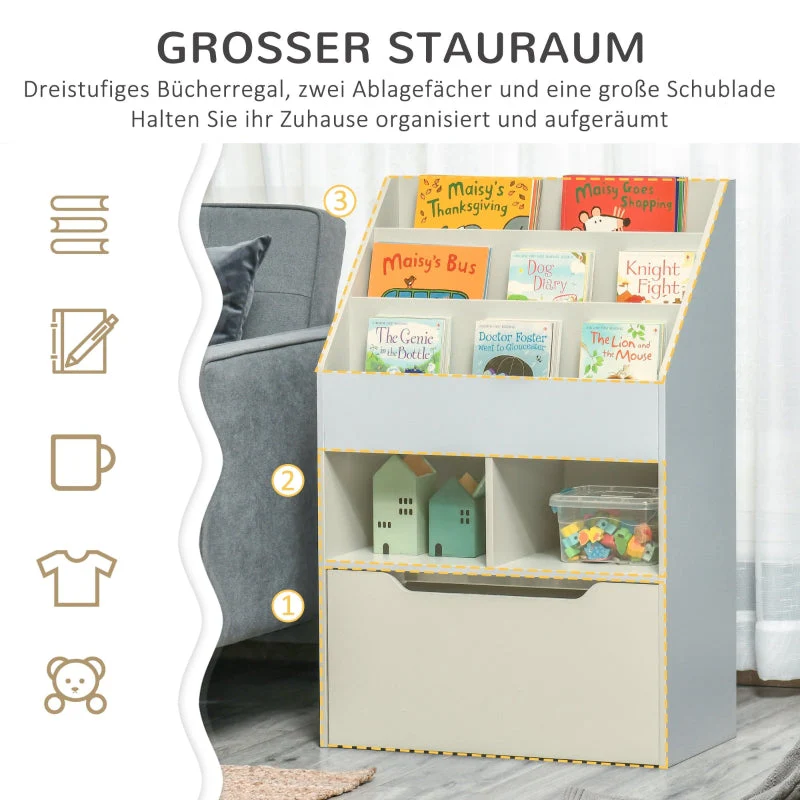 Children's Bookcase, 3 Shelves 2 Open Compartments, Grey - Image 4