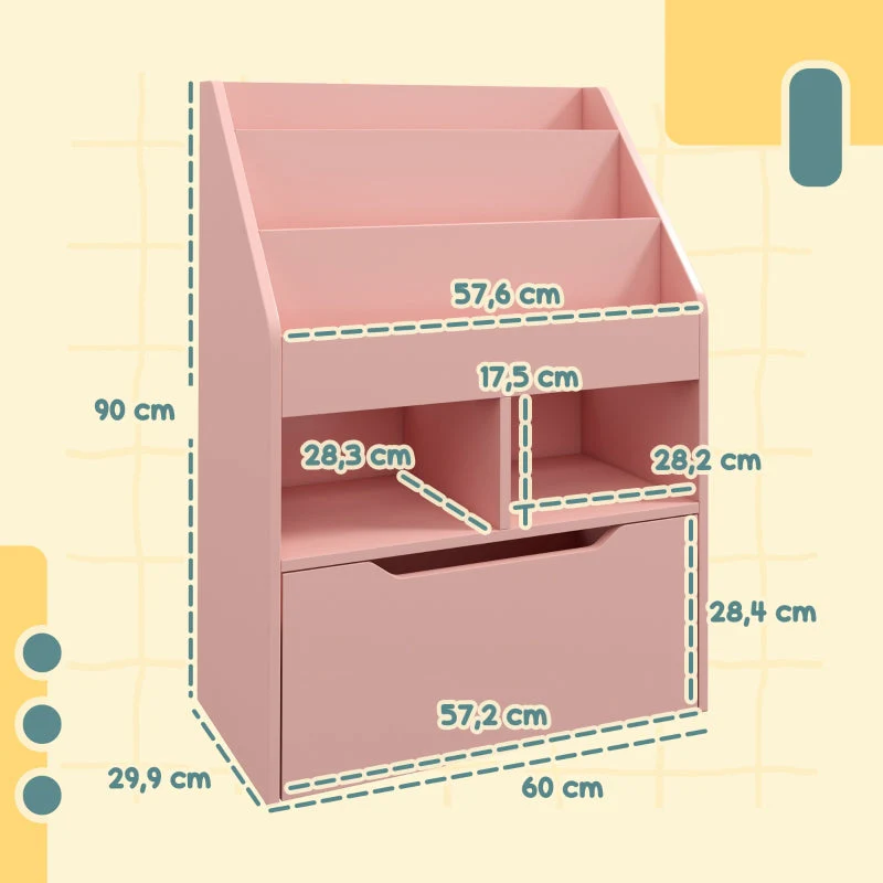 Children's Bookcase 3 Shelves 2 Open Compartments with Drawer Storage Shelf Pink - Image 3