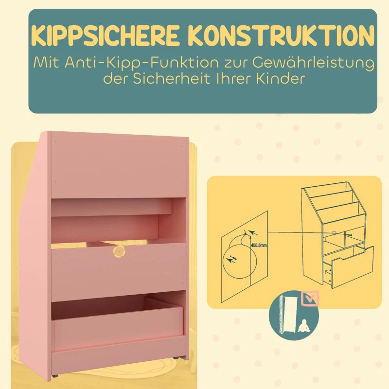 Children's Bookcase 3 Shelves 2 Open Compartments with Drawer Storage Shelf Pink - Image 4