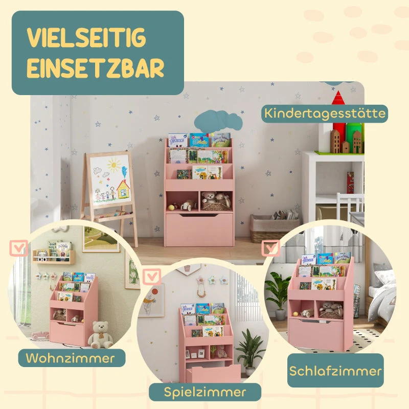 Children's Bookcase 3 Shelves 2 Open Compartments with Drawer Storage Shelf Pink - Image 6
