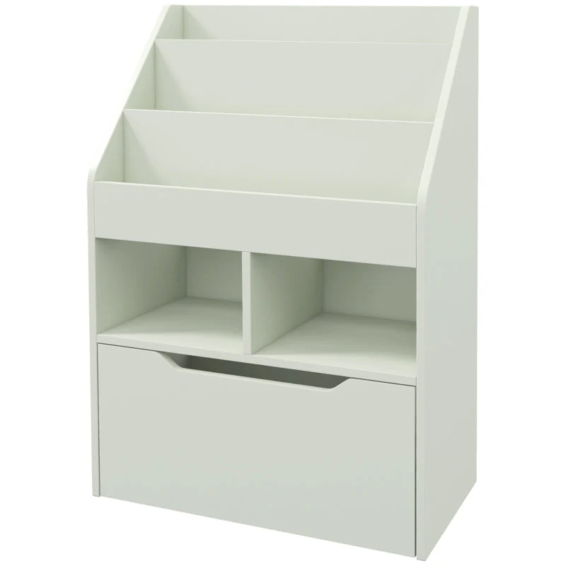 Children's Bookcase with Drawer, 3 Shelves, 2 Open Compartments, Light Green