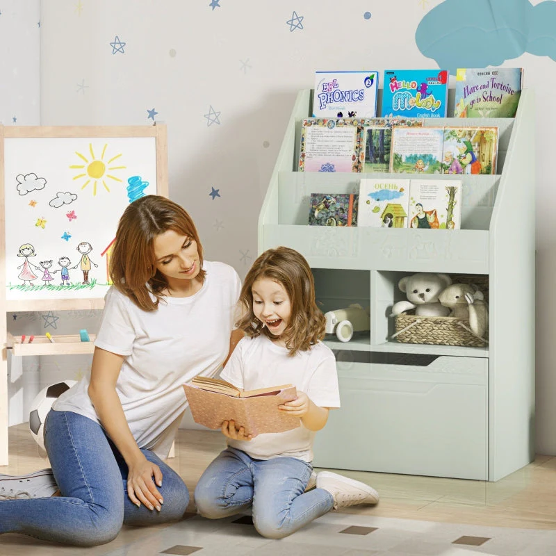 Children's Bookcase with Drawer, 3 Shelves, 2 Open Compartments, Light Green - Image 2
